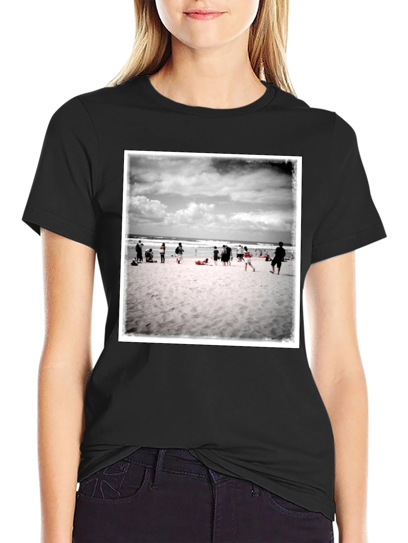 Beach Scene Graphic Tee - Black Cotton T-Shirt