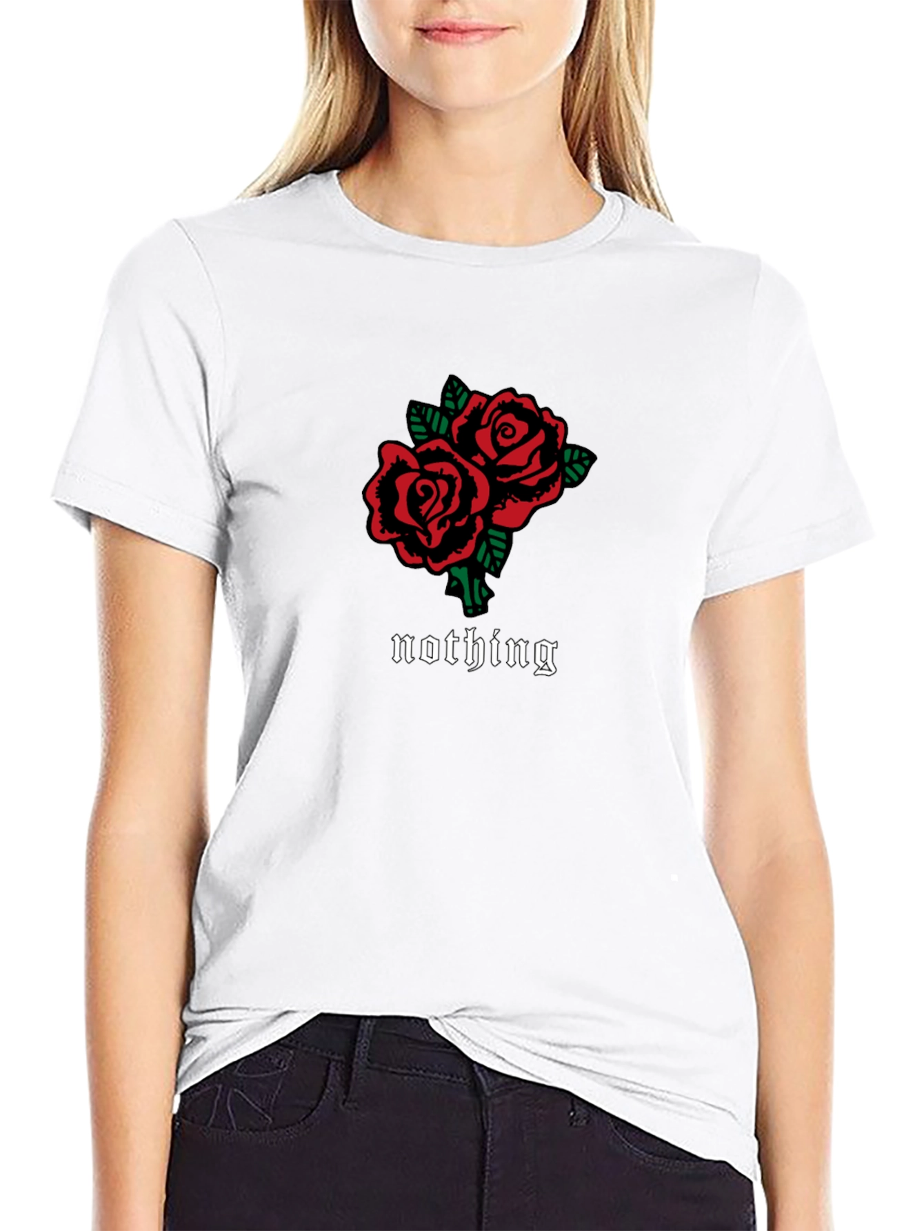 Black T-Shirt with Roses and Nothing Design