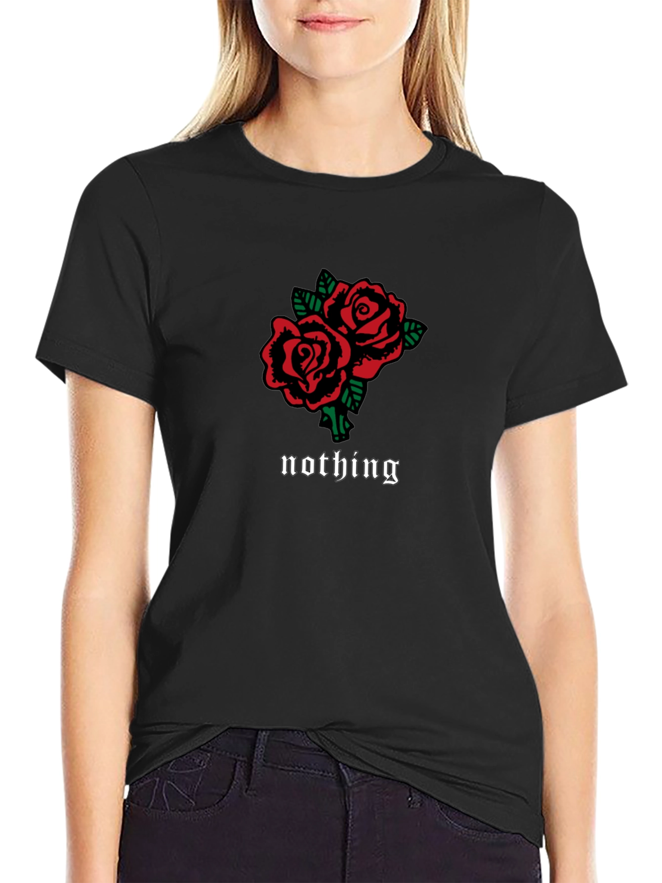 Black T-Shirt with Roses and Nothing Design