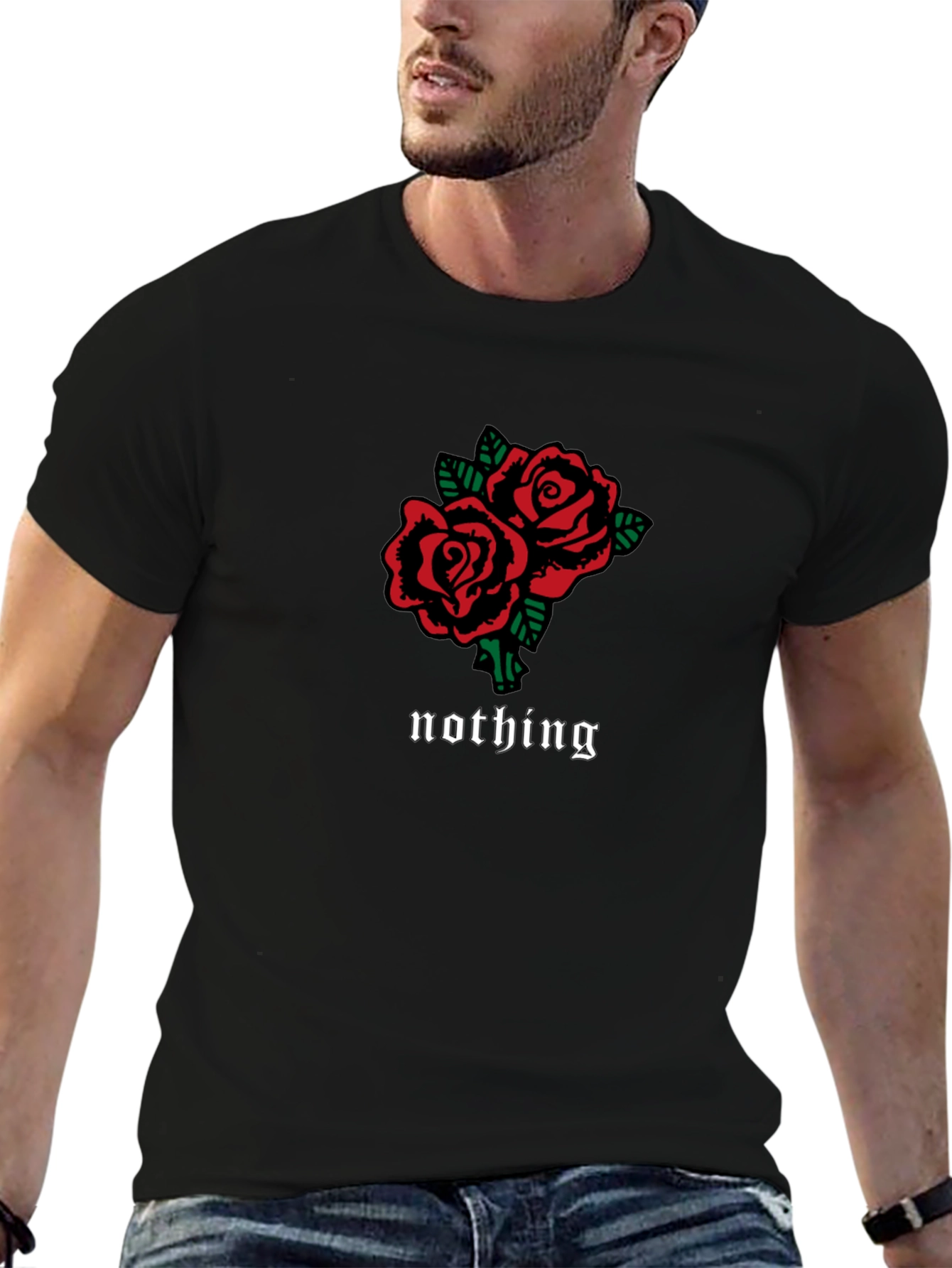 Black T-Shirt with Roses and Nothing Design