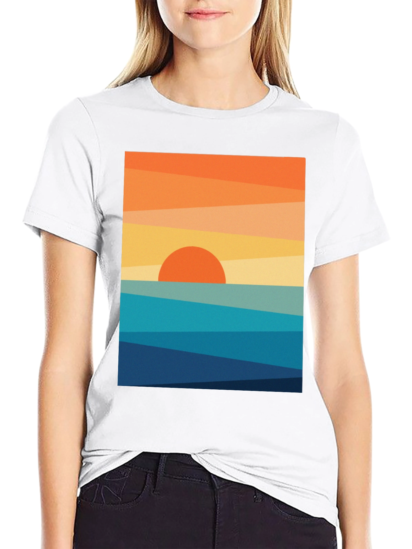 Geometric Sunset Graphic Tee - Modern Coastal Design
