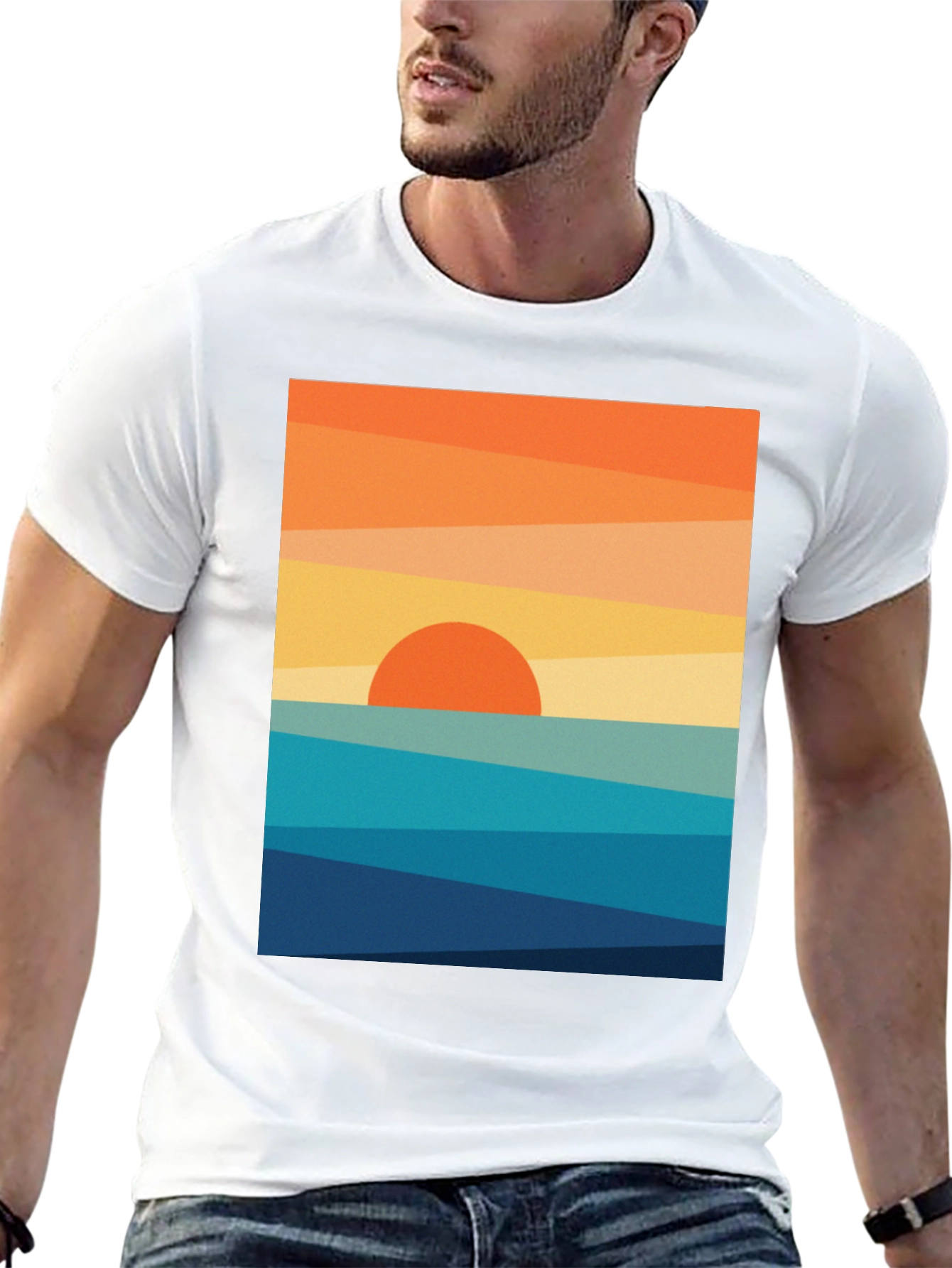 Geometric Sunset Graphic Tee - Modern Coastal Design
