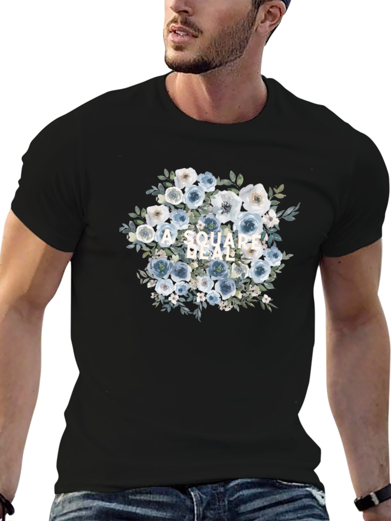 Floral Square Deal Black T-Shirt