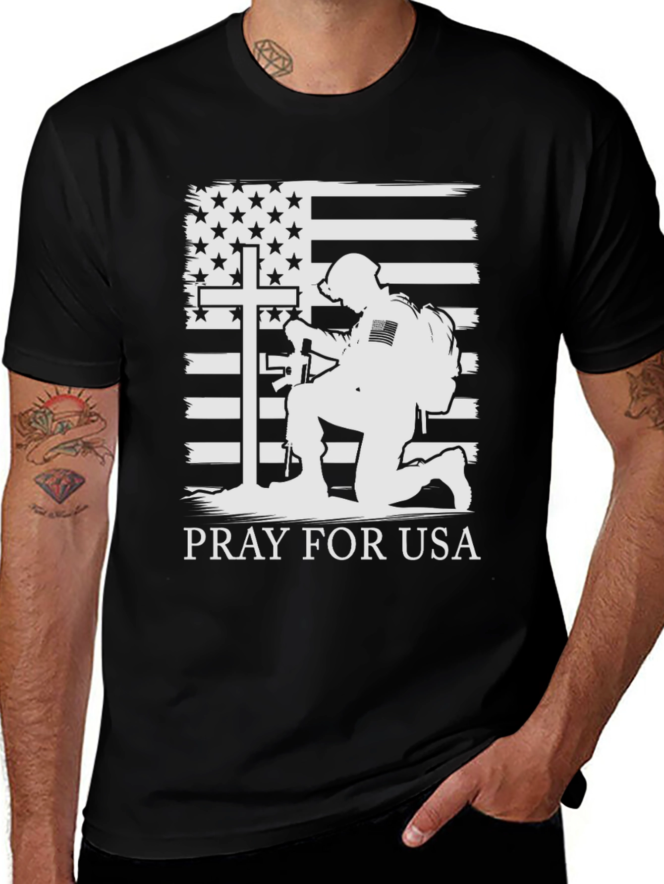 Pray for USA T-Shirt Patriotic Soldier Graphic Tee
