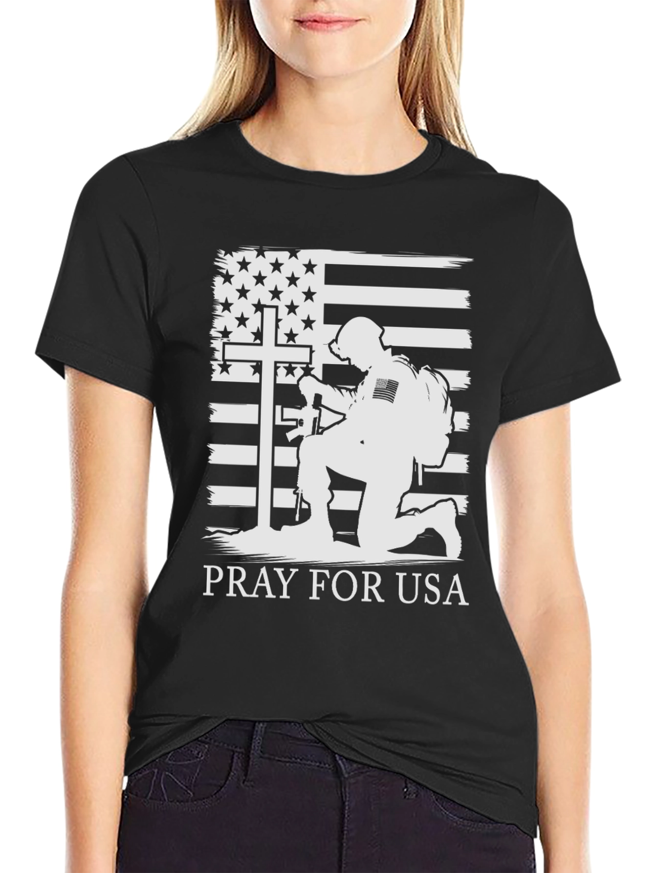 Pray for USA T-Shirt Patriotic Soldier Graphic Tee