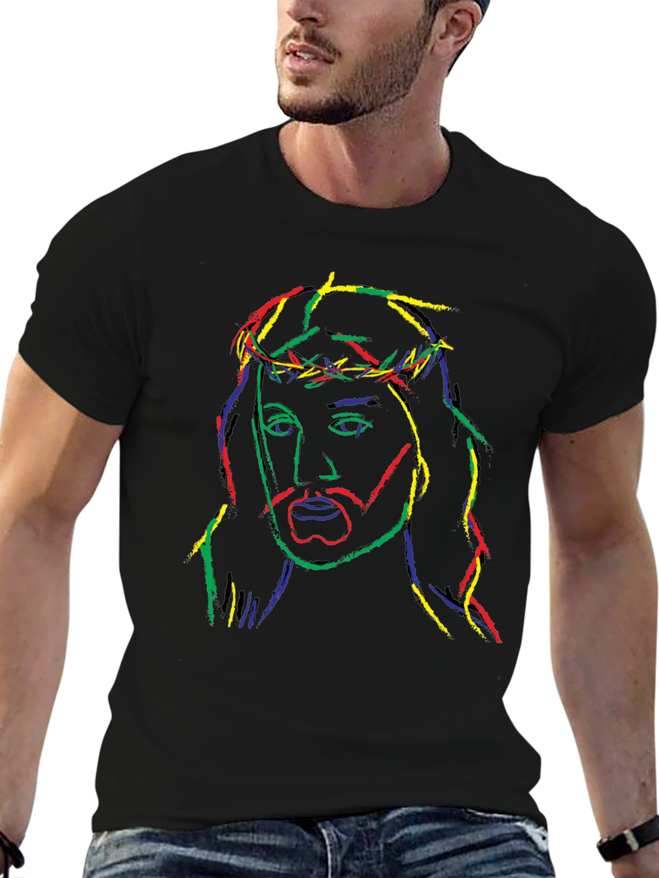 Neon Jesus Graphic Tee - Black Cotton Blend T-Shirt