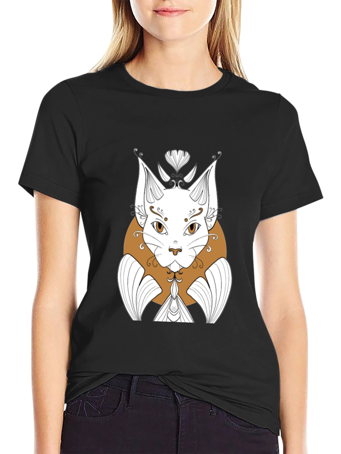 Abstract Cat Graphic Print Black T-Shirt