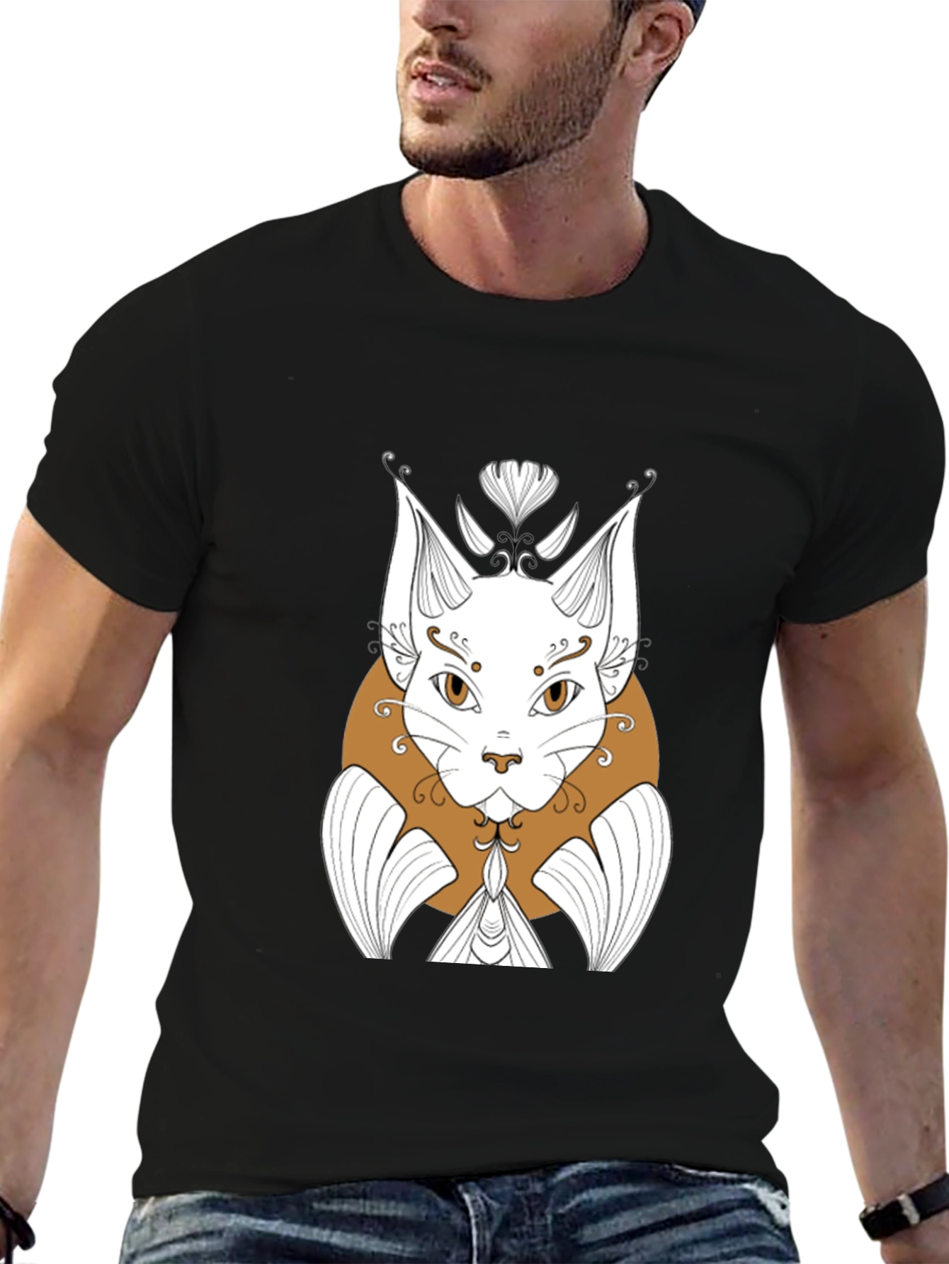 Abstract Cat Graphic Print Black T-Shirt