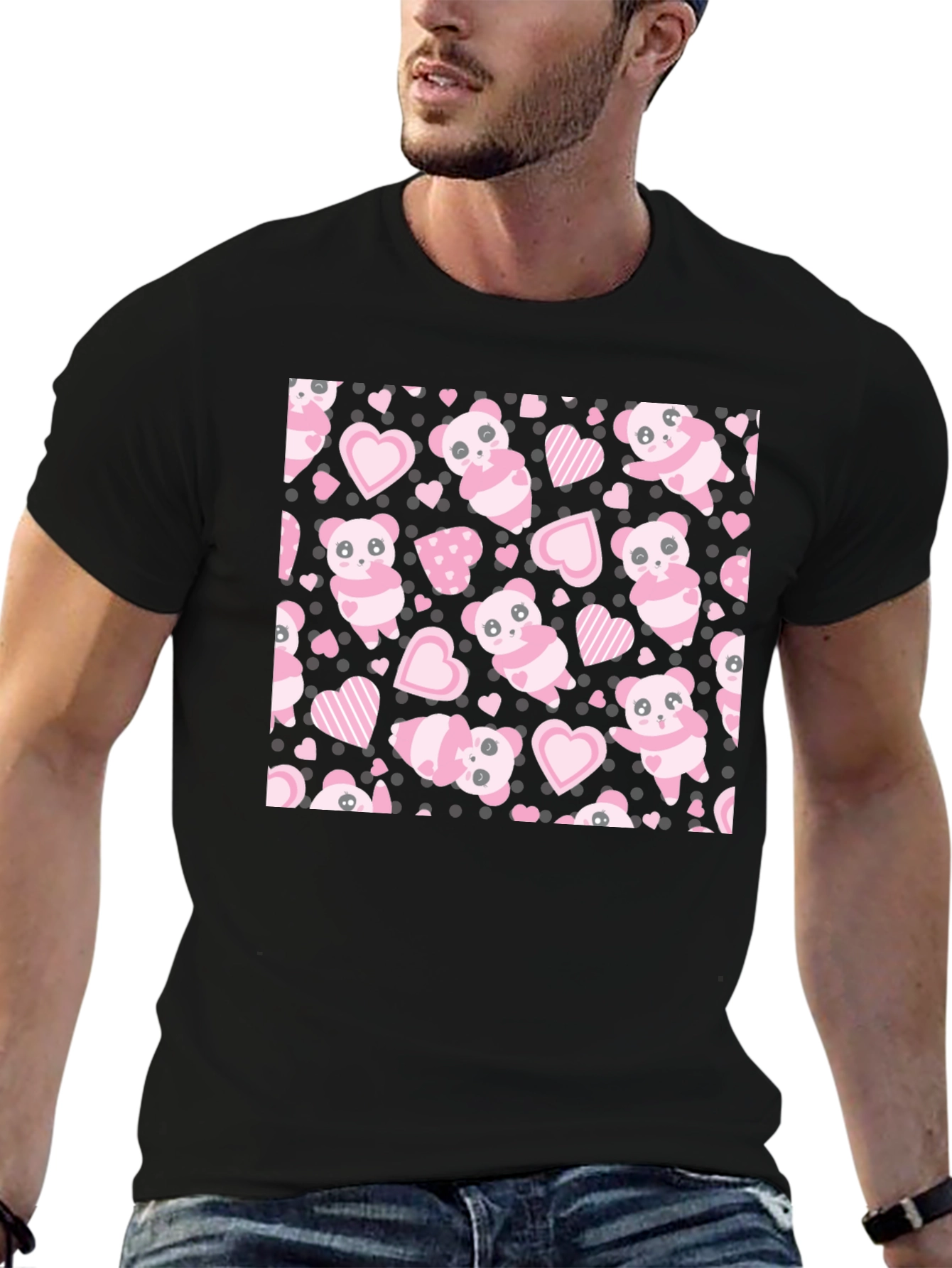 Cute Panda Heart Pattern Black T-Shirt