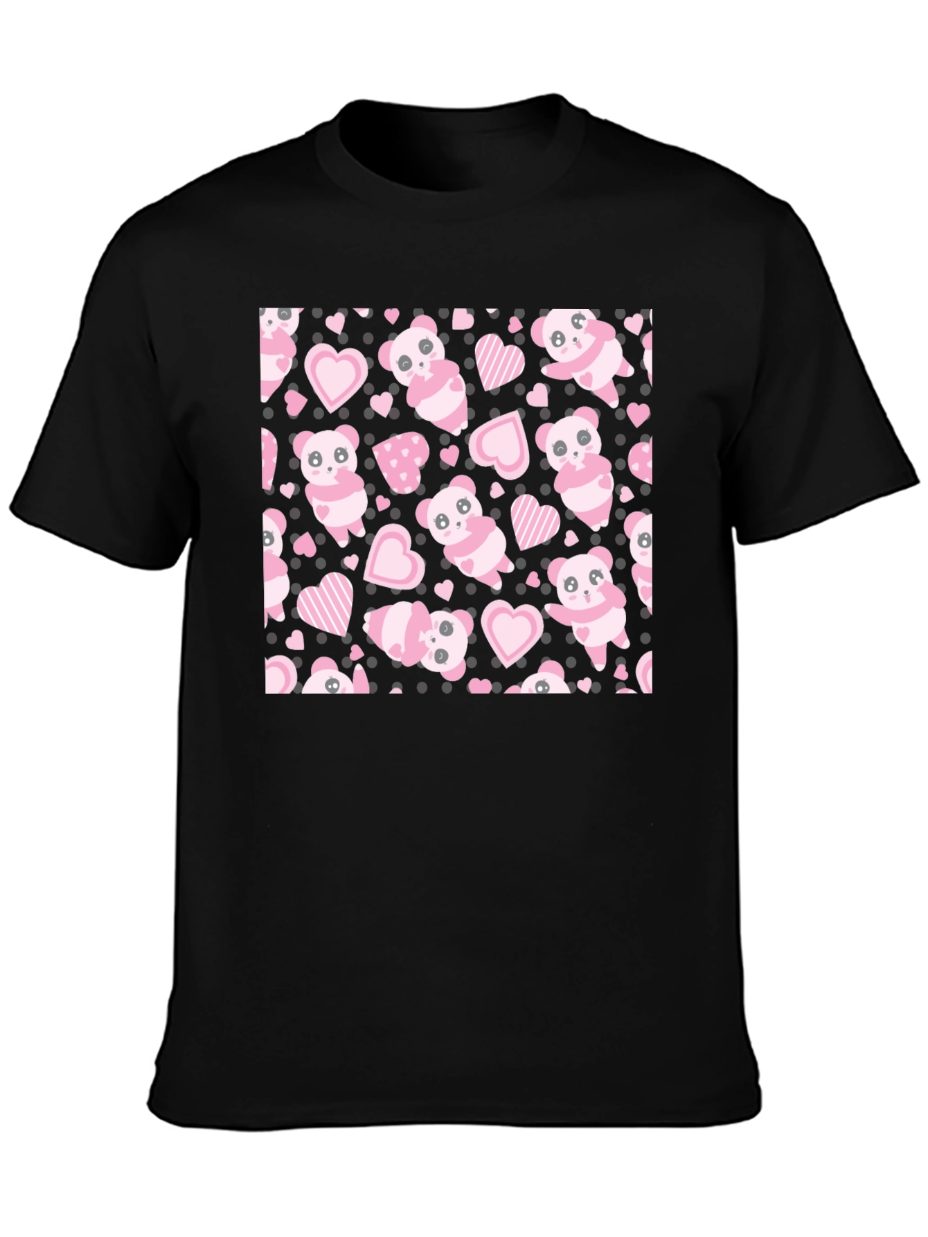 Cute Panda Heart Pattern Black T-Shirt