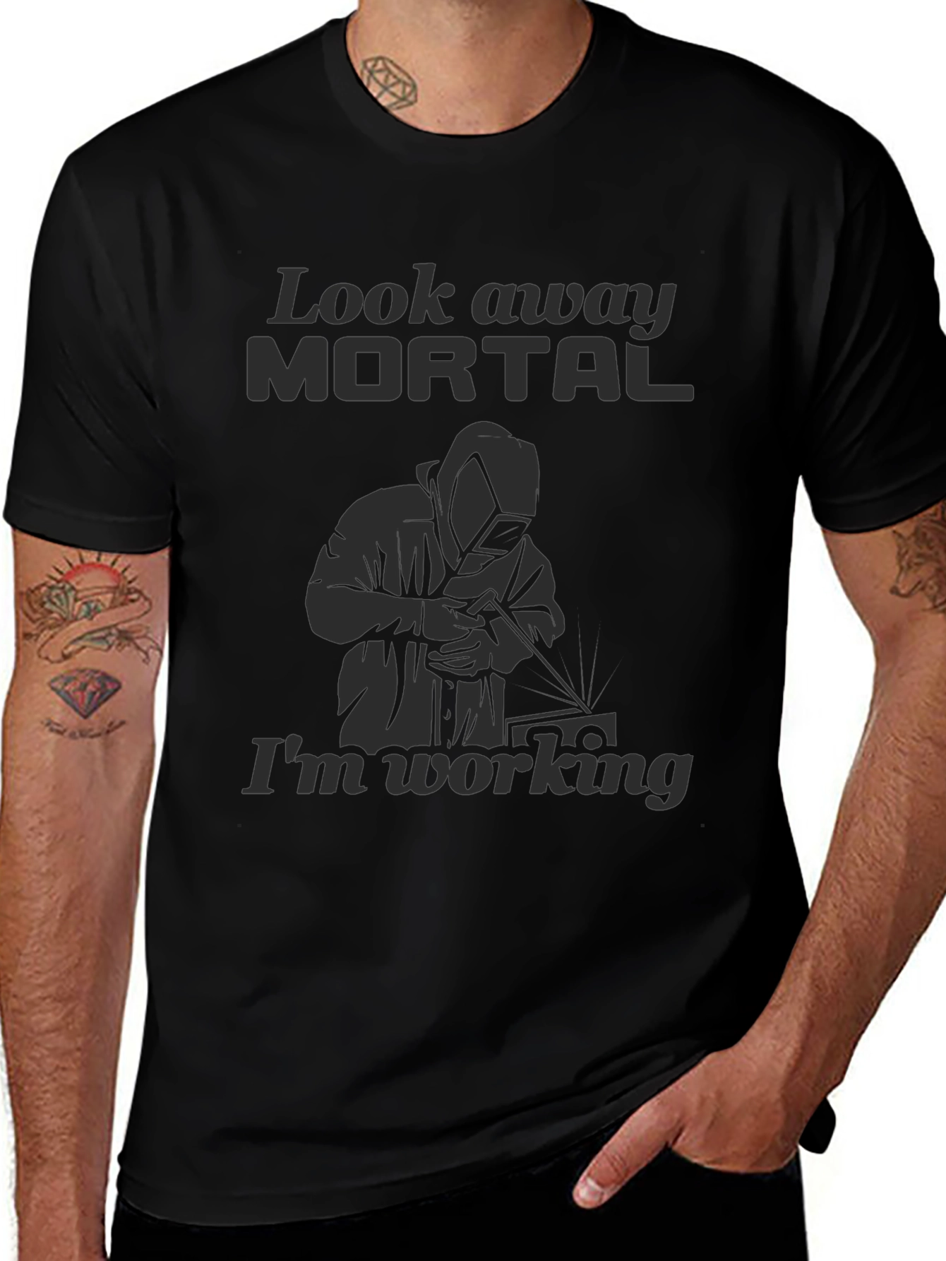Look Away Mortal Funny Welder Black T-Shirt