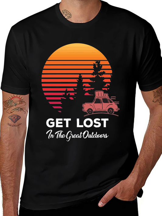 Get Lost Outdoors Graphic Tee - Retro Sunset Design