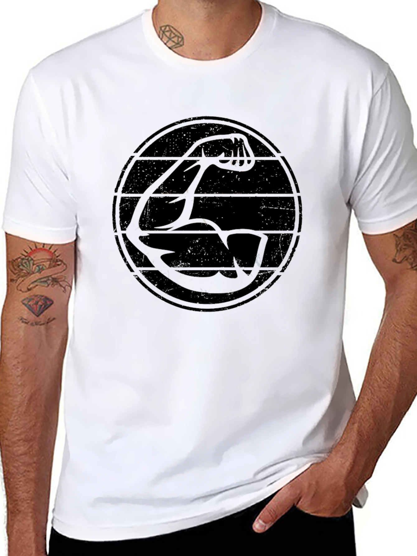 Retro Muscle Arm Graphic Black T-Shirt