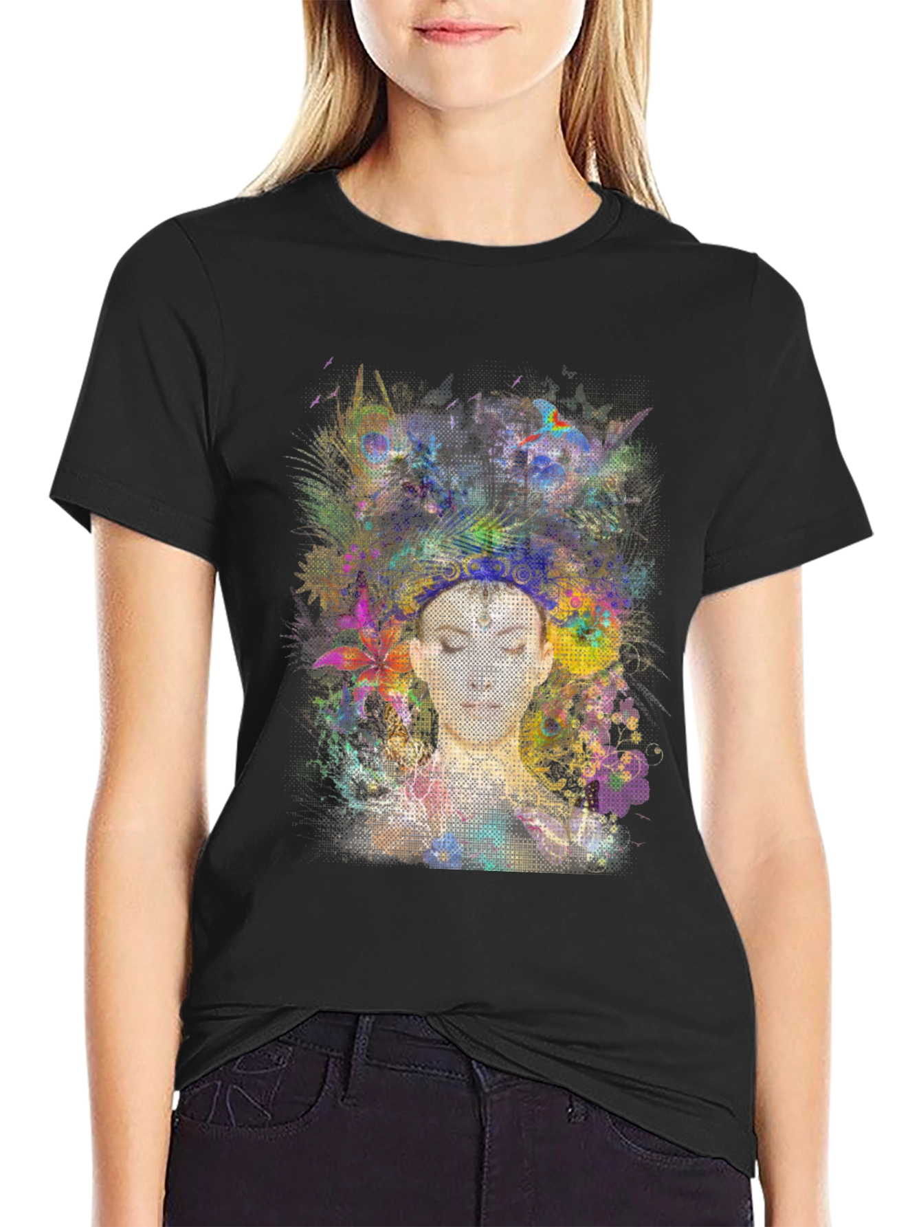 Abstract Floral Woman Black Graphic Tee