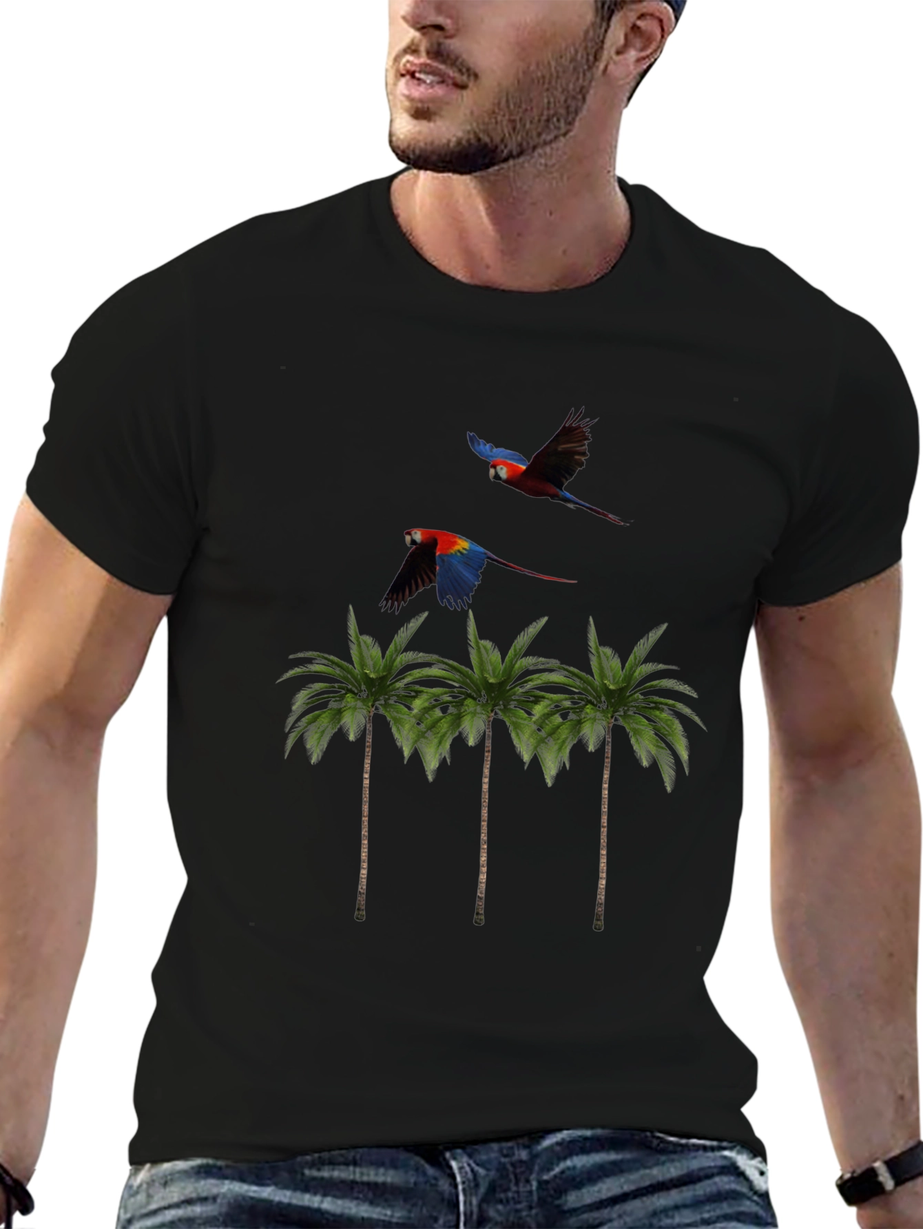 Tropical Parrot Palm Tree Mens Black T-Shirt