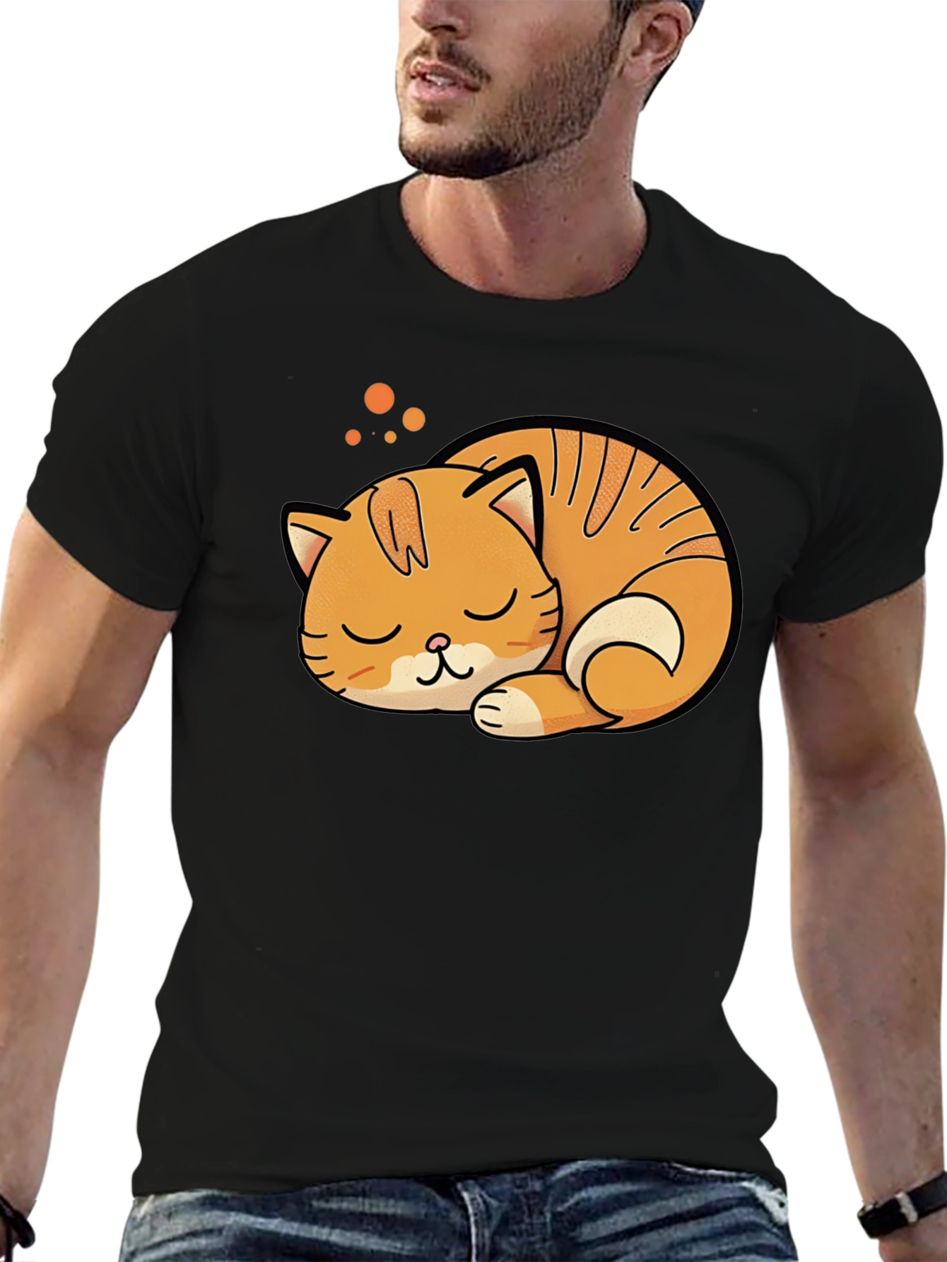 Cute Sleeping Cat Graphic Tee - Black