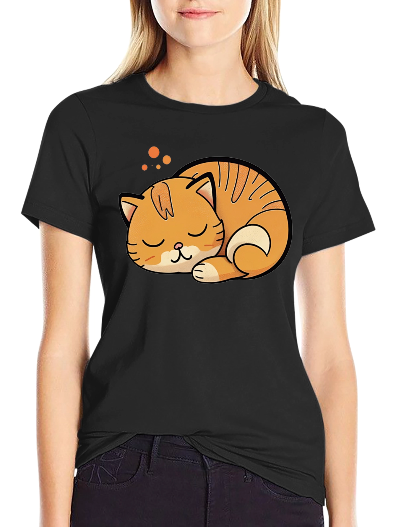 Cute Sleeping Cat Graphic Tee - Black