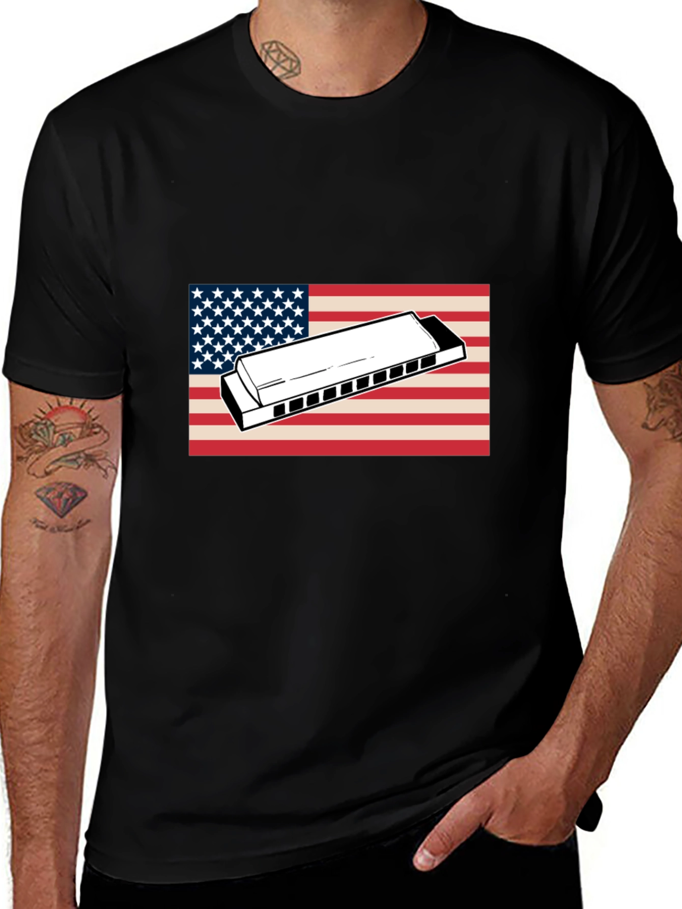 American Flag Harmonica Graphic T-Shirt