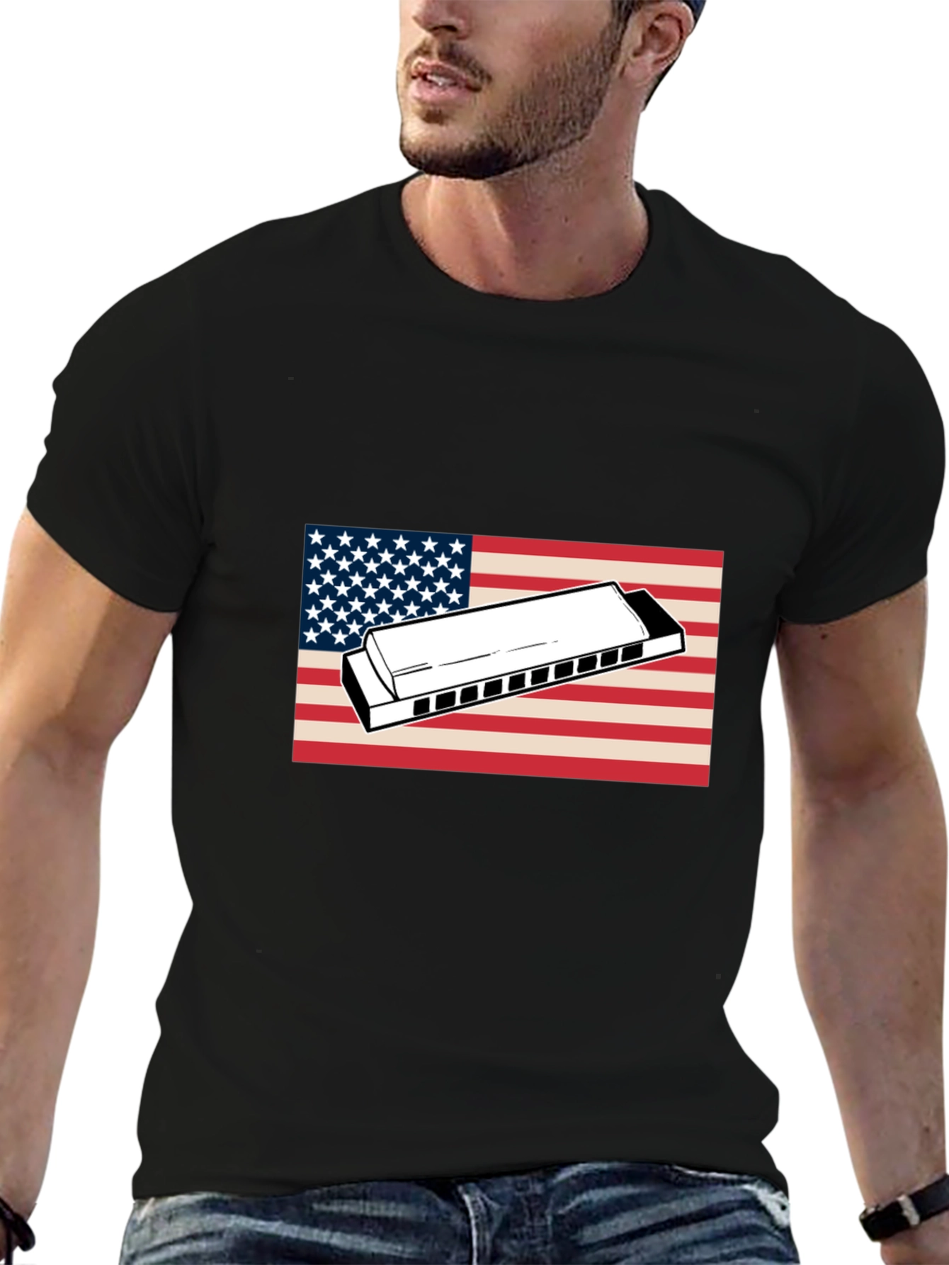 American Flag Harmonica Graphic T-Shirt