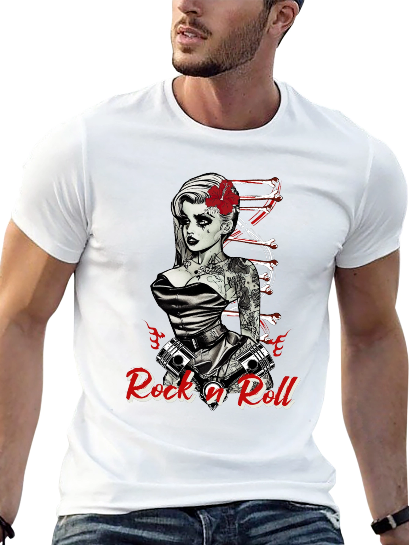 Rock n Roll Tattoo Print Black T-Shirt