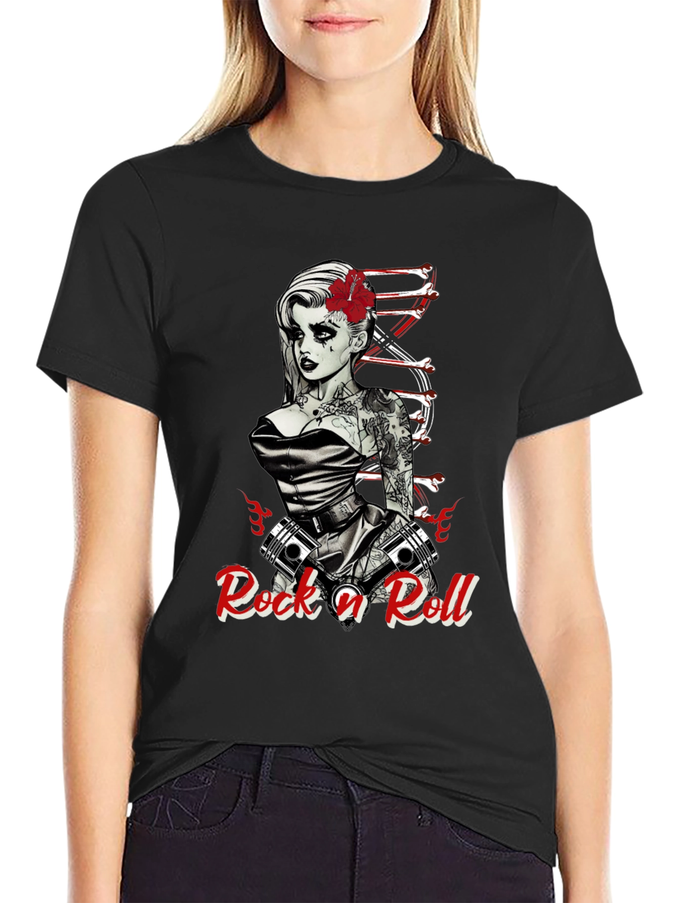 Rock n Roll Tattoo Print Black T-Shirt