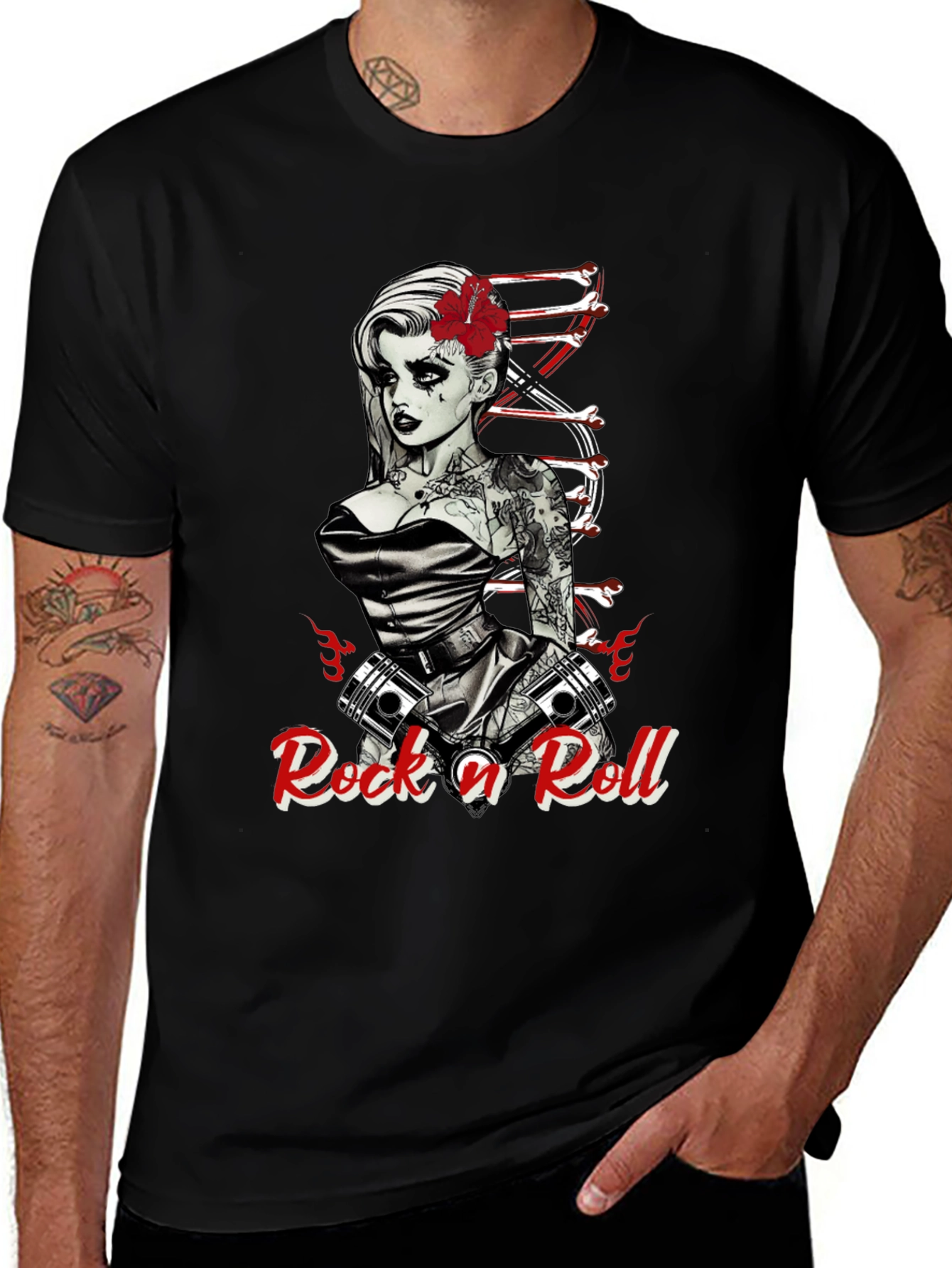 Rock n Roll Tattoo Print Black T-Shirt