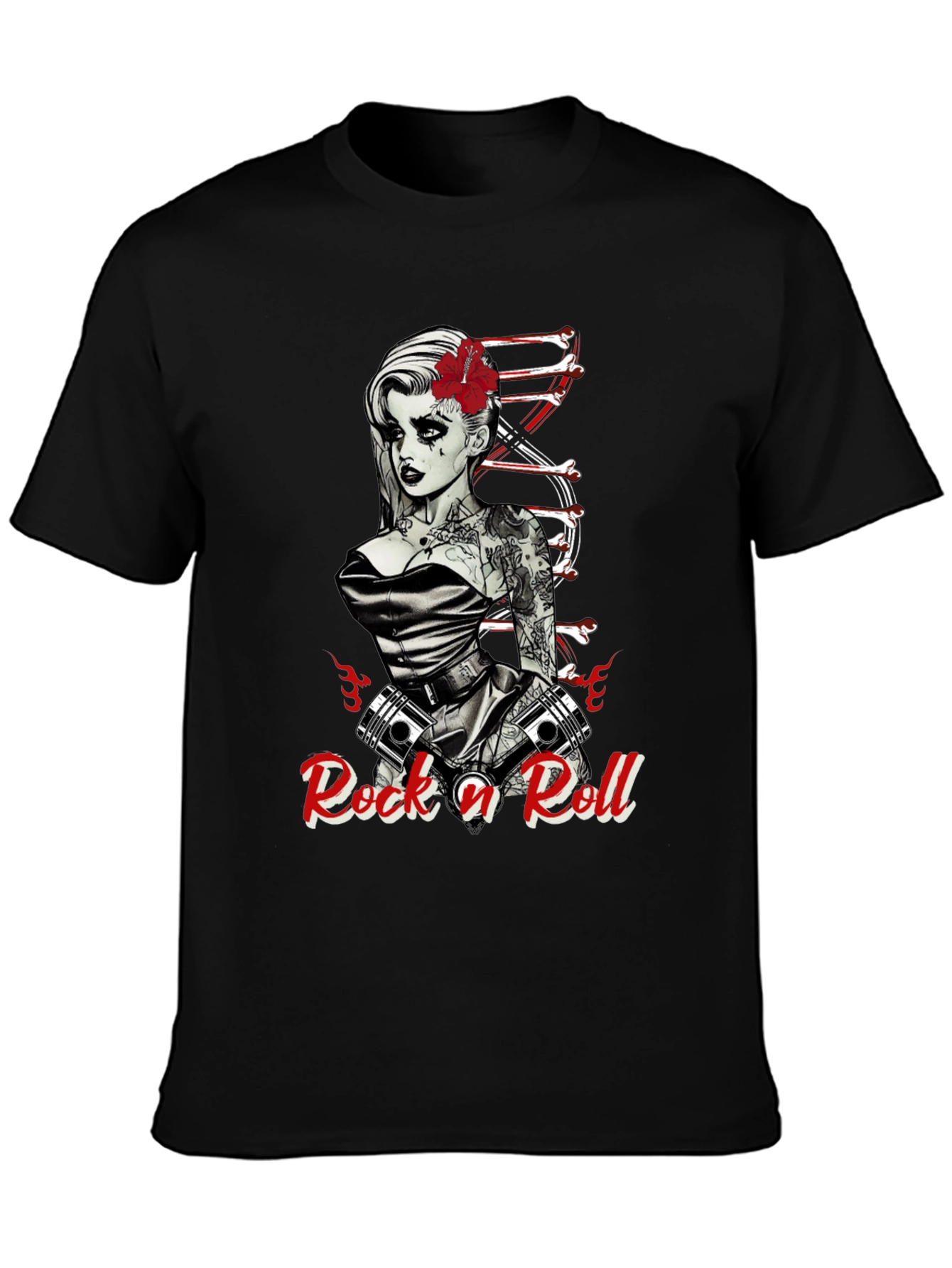 Rock n Roll Tattoo Print Black T-Shirt
