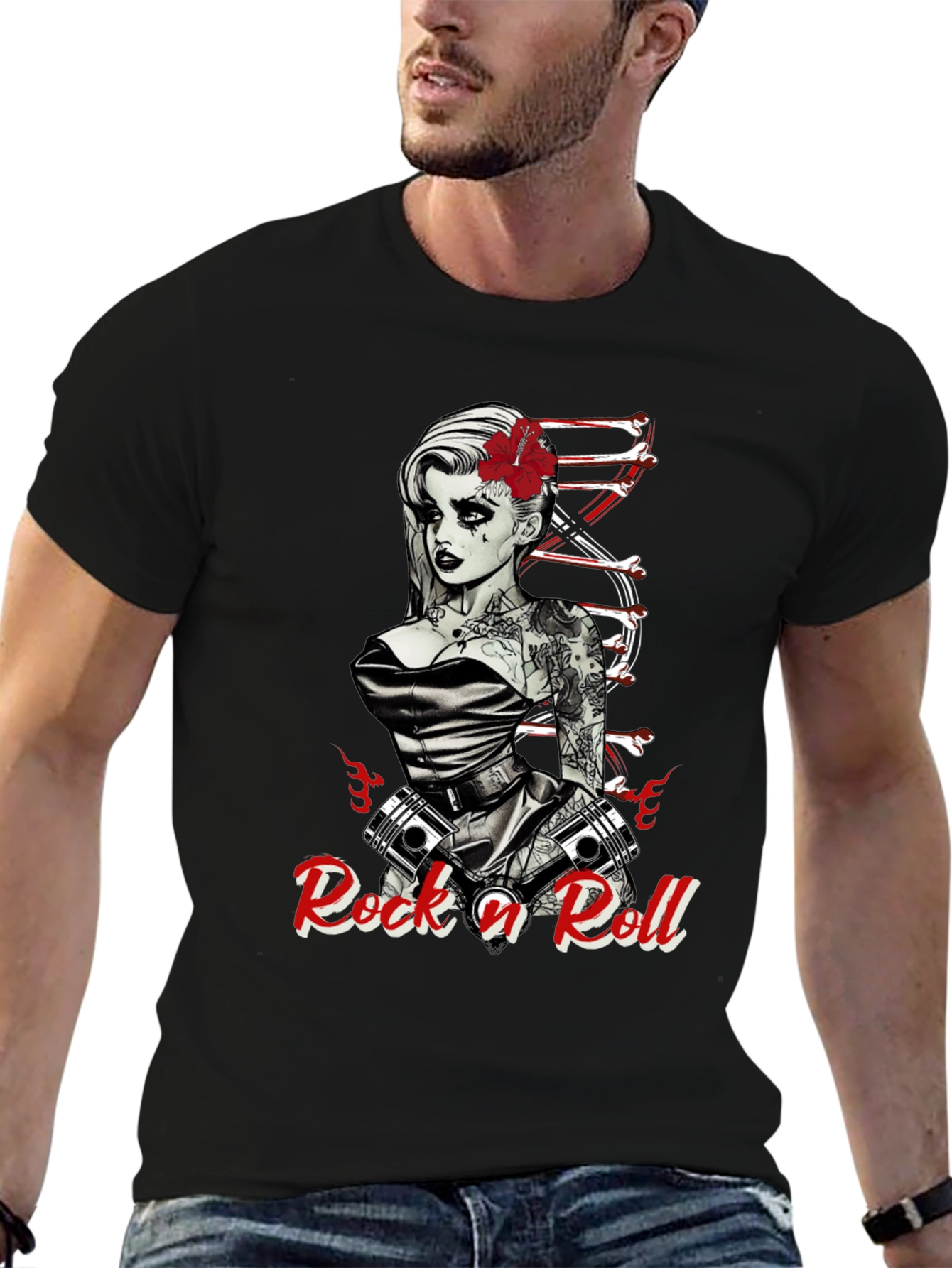 Rock n Roll Tattoo Print Black T-Shirt