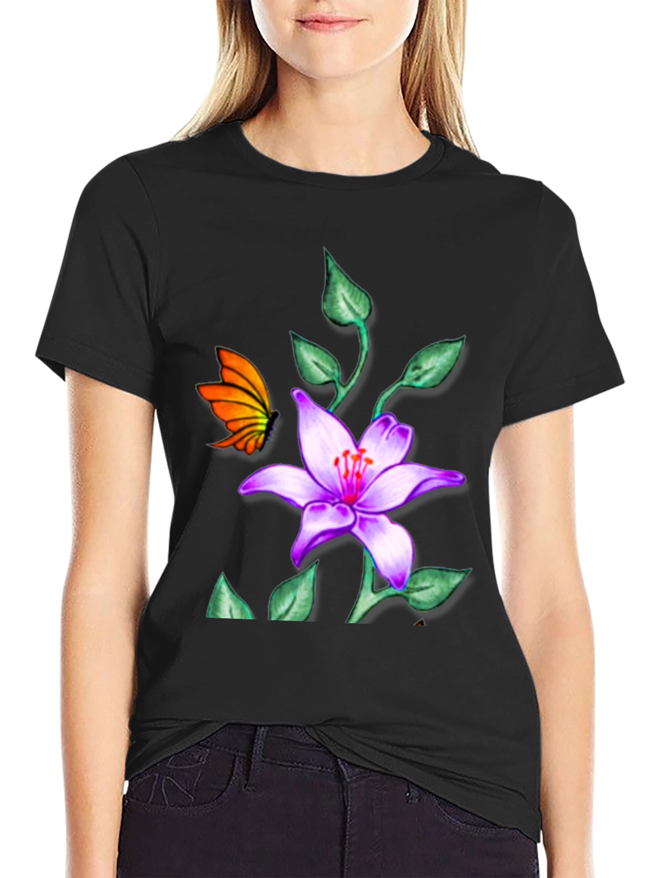 Floral Butterfly Black T-Shirt