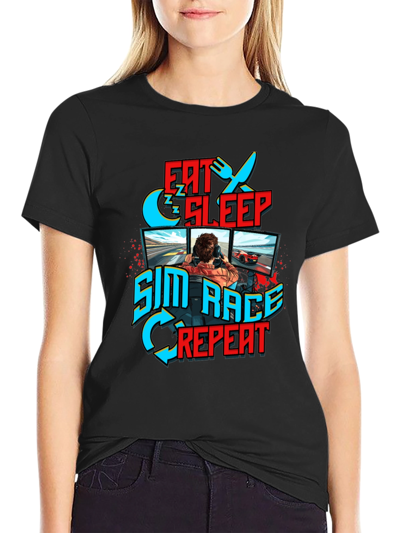 Eat Sleep Sim Race Repeat Black T-Shirt