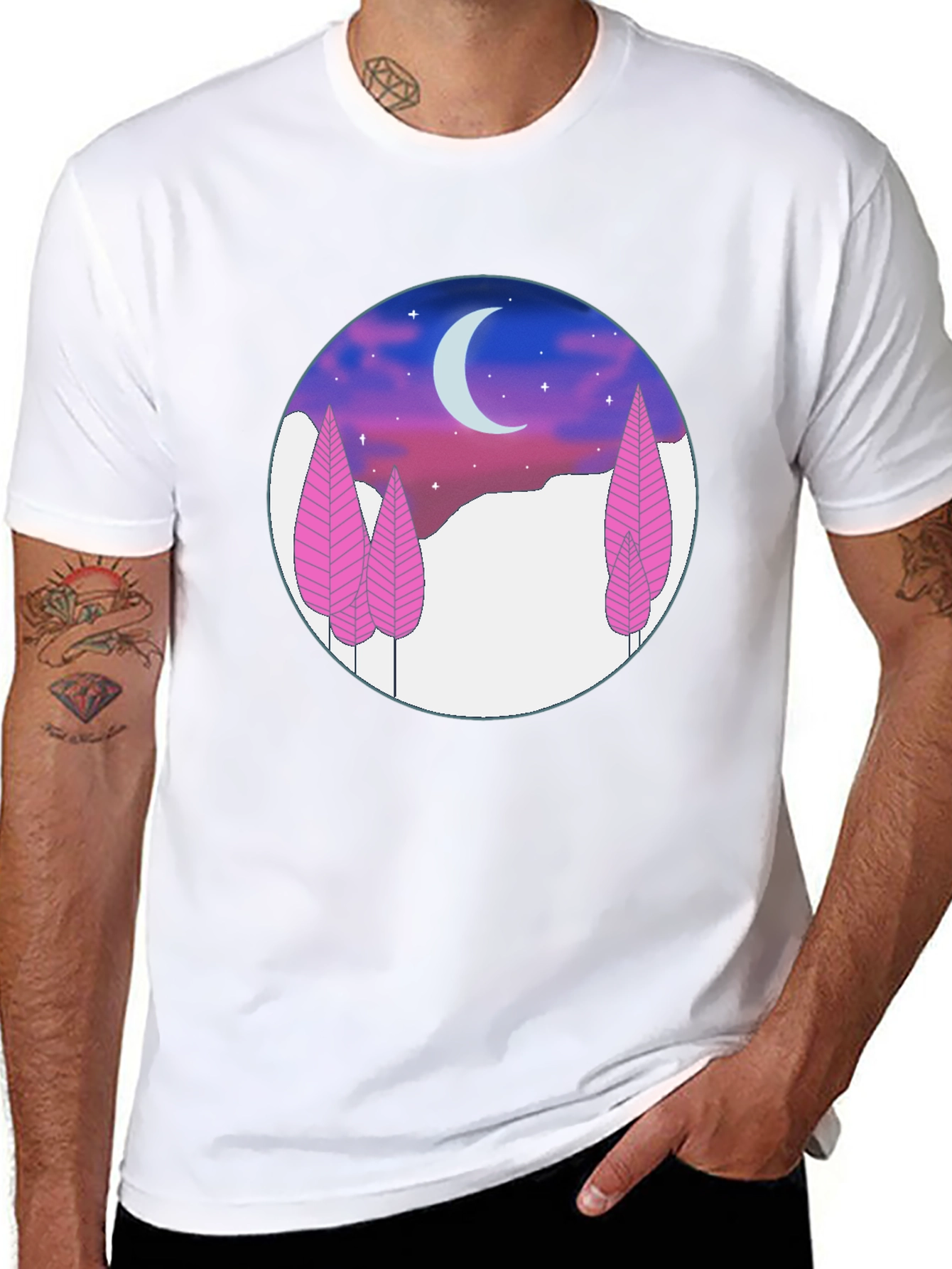 Night Sky T-Shirt - Pink Trees & Crescent Moon
