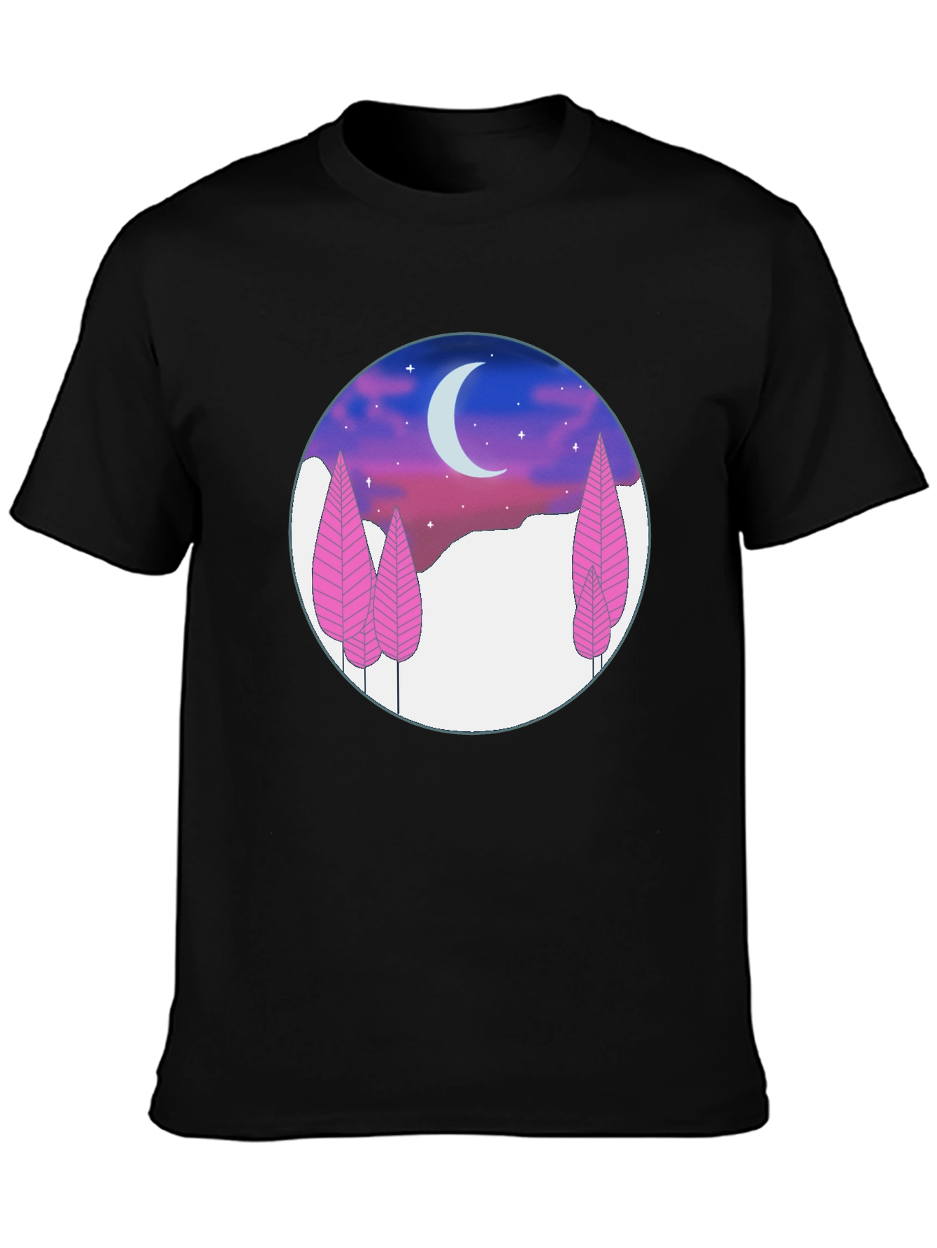 Night Sky T-Shirt - Pink Trees & Crescent Moon