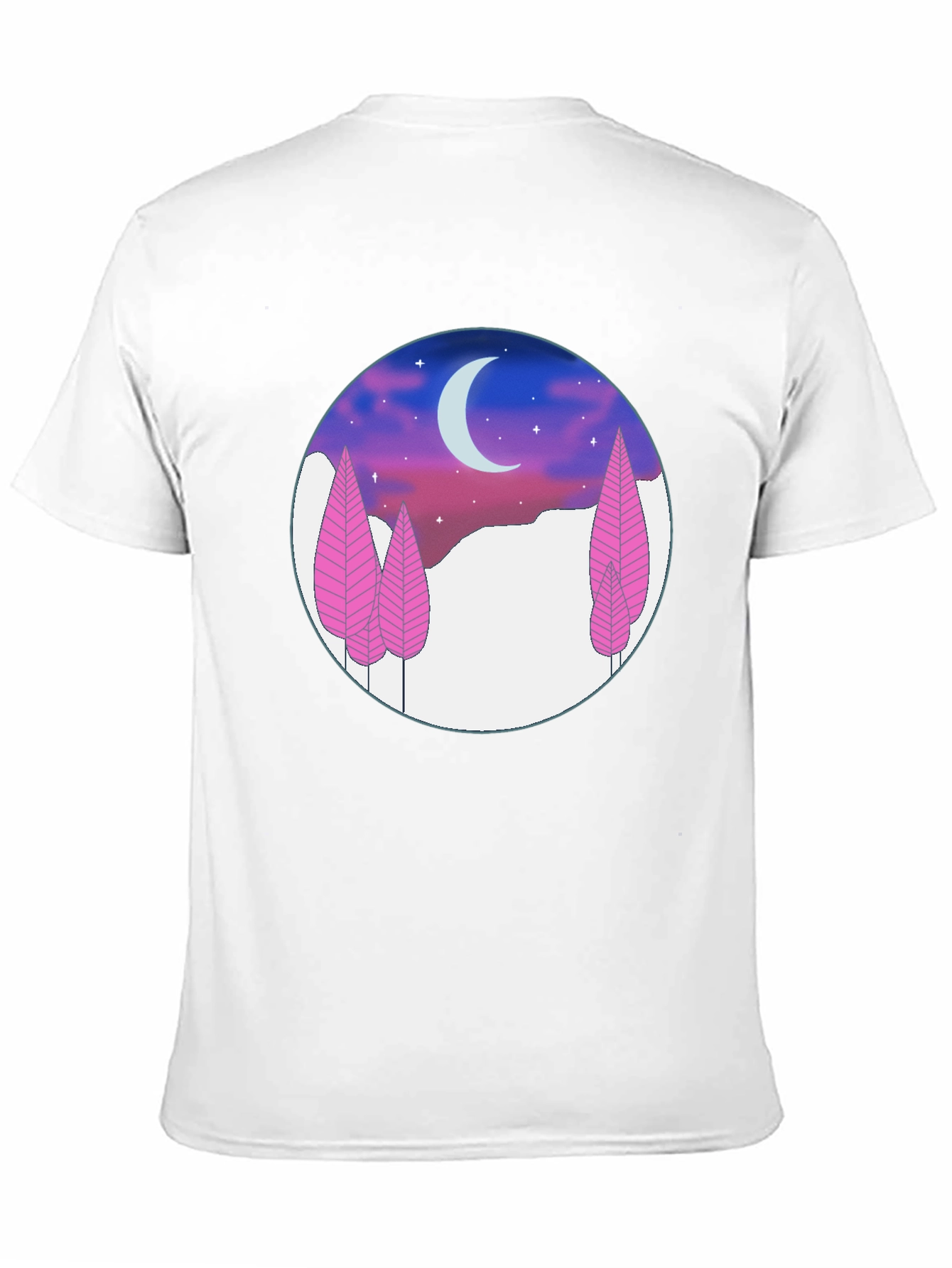 Night Sky T-Shirt - Pink Trees & Crescent Moon