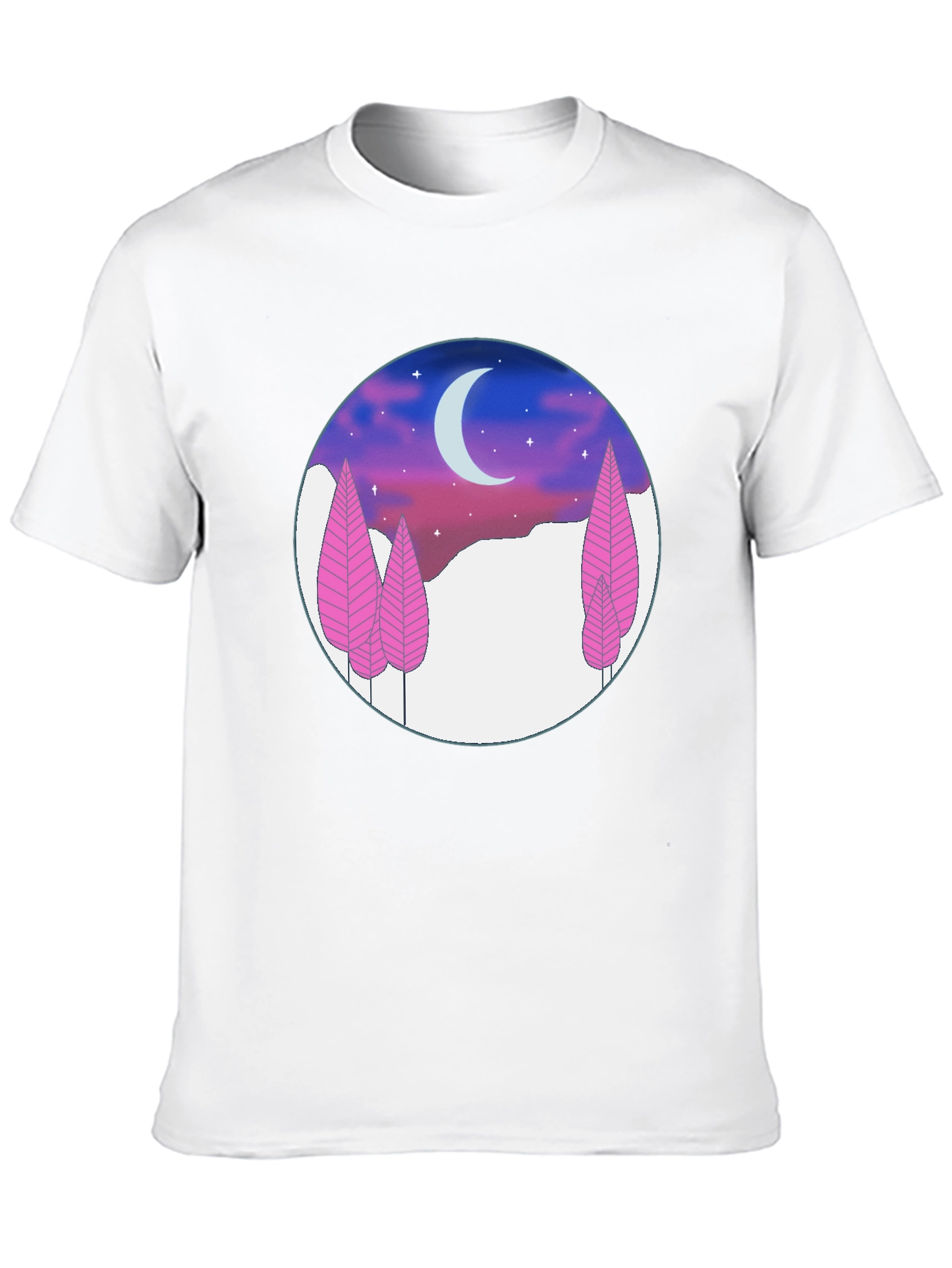 Night Sky T-Shirt - Pink Trees & Crescent Moon