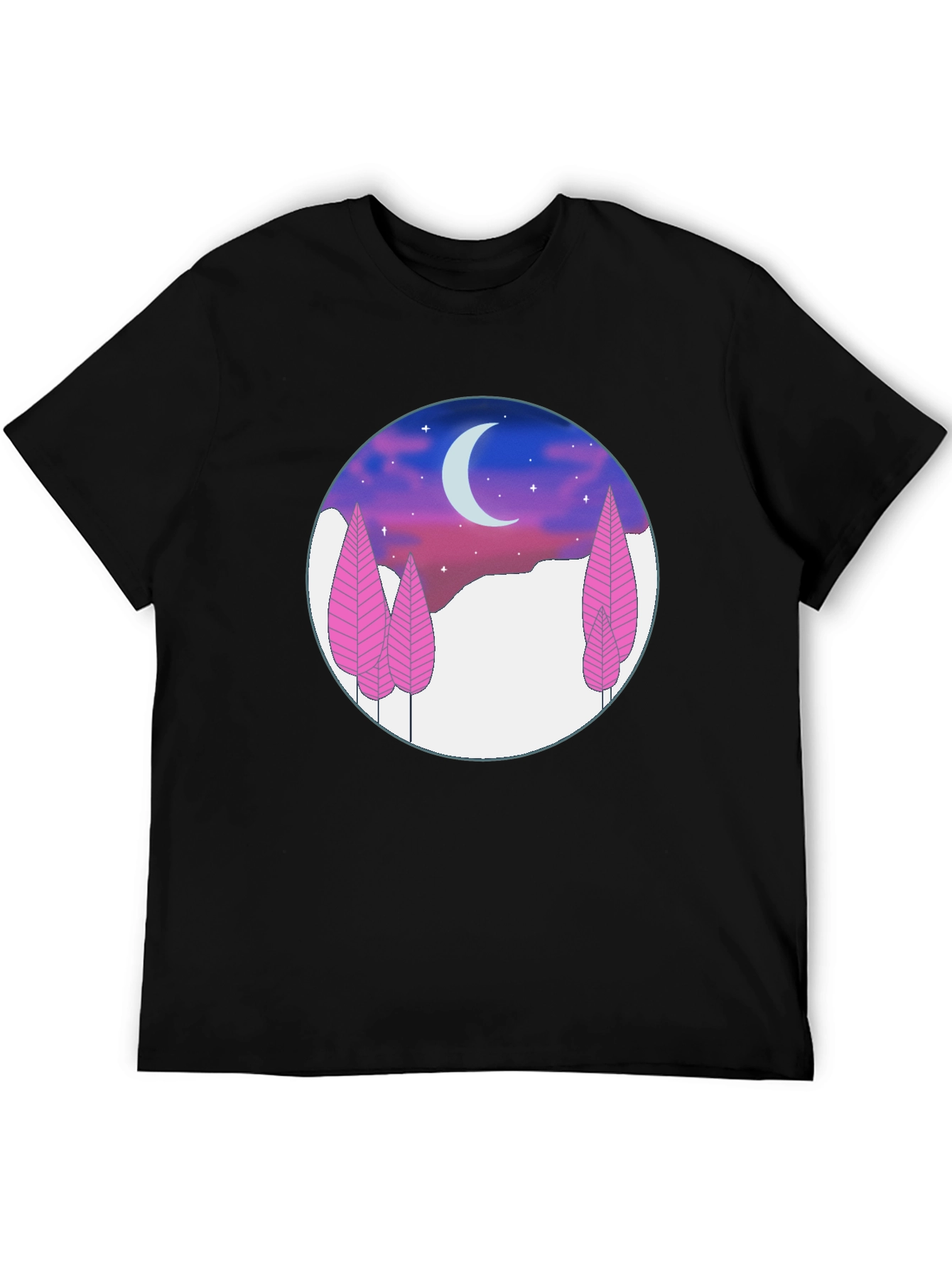 Night Sky T-Shirt - Pink Trees & Crescent Moon