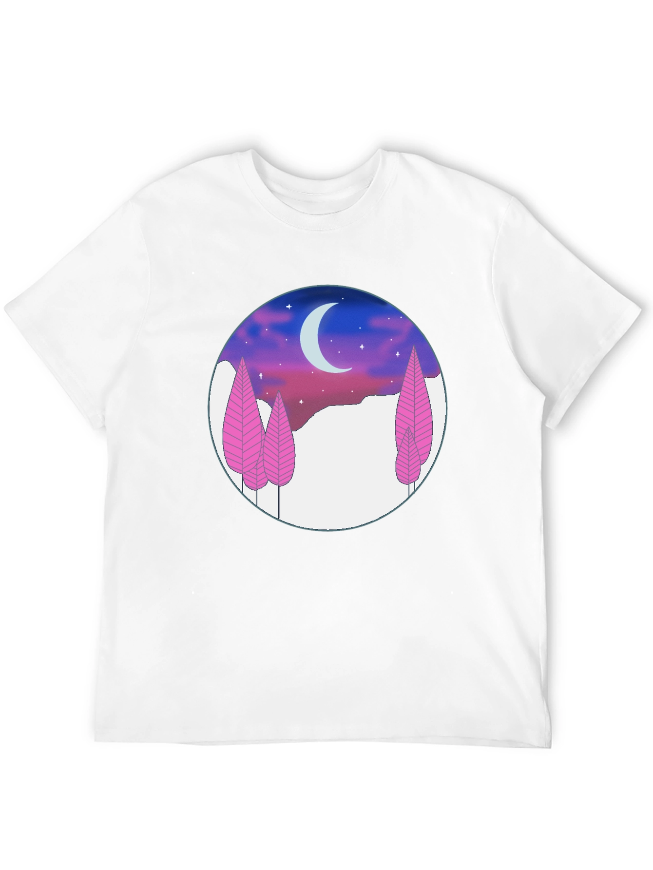 Night Sky T-Shirt - Pink Trees & Crescent Moon