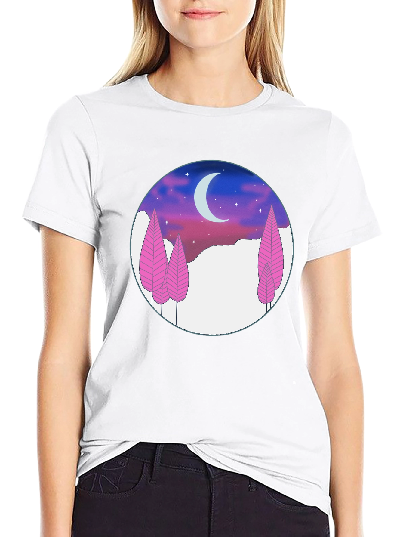 Night Sky T-Shirt - Pink Trees & Crescent Moon