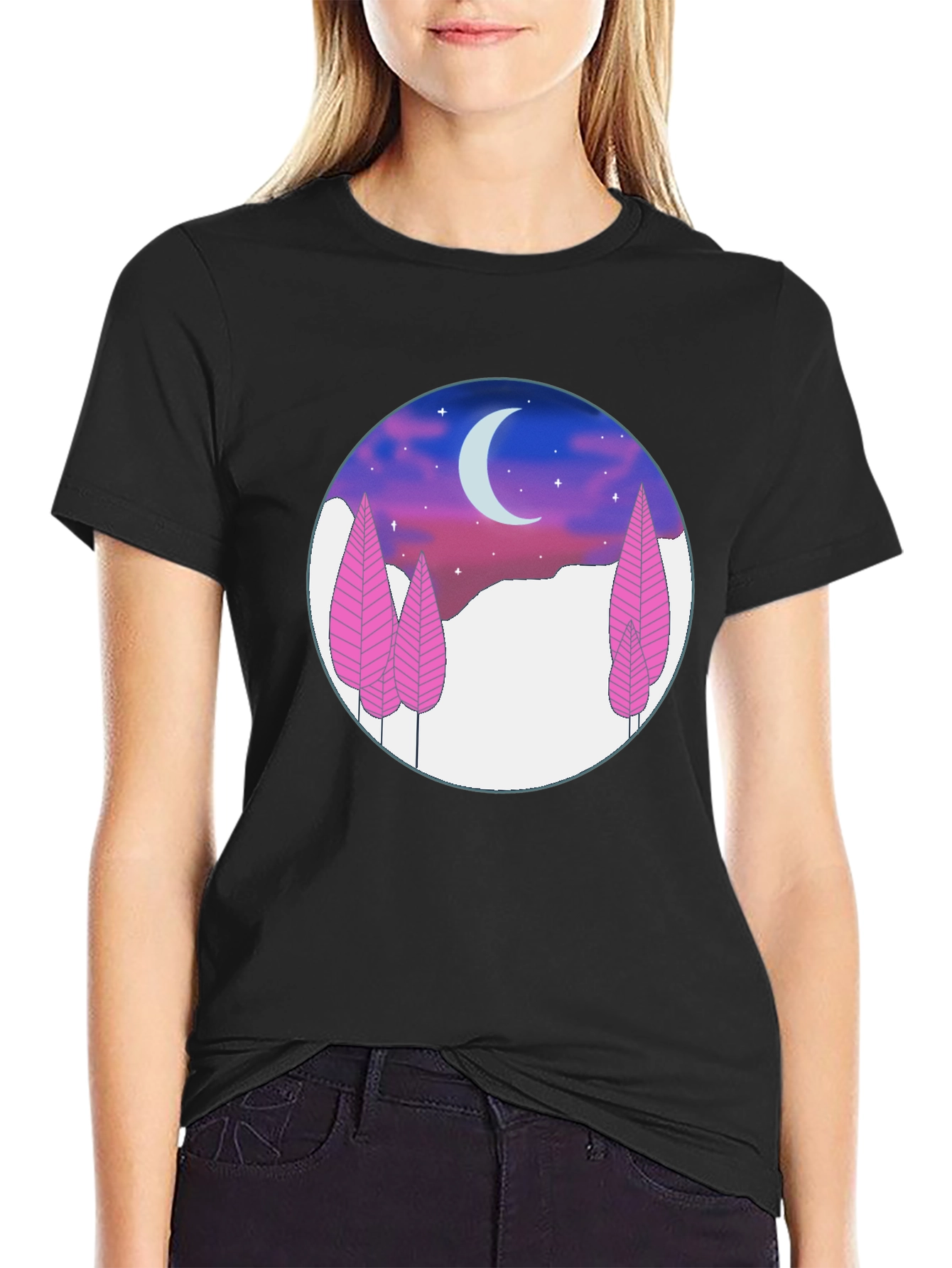 Night Sky T-Shirt - Pink Trees & Crescent Moon
