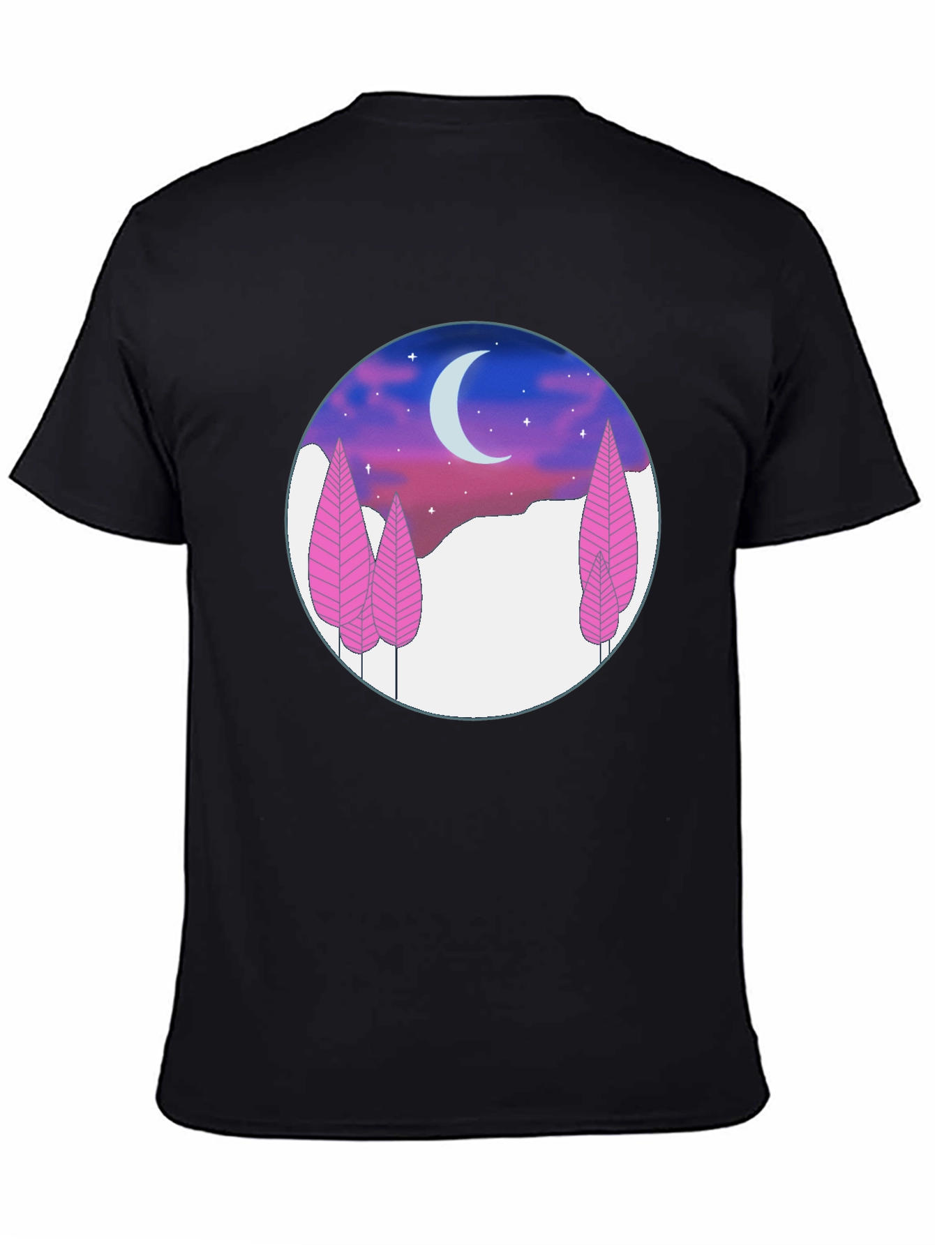 Night Sky T-Shirt - Pink Trees & Crescent Moon