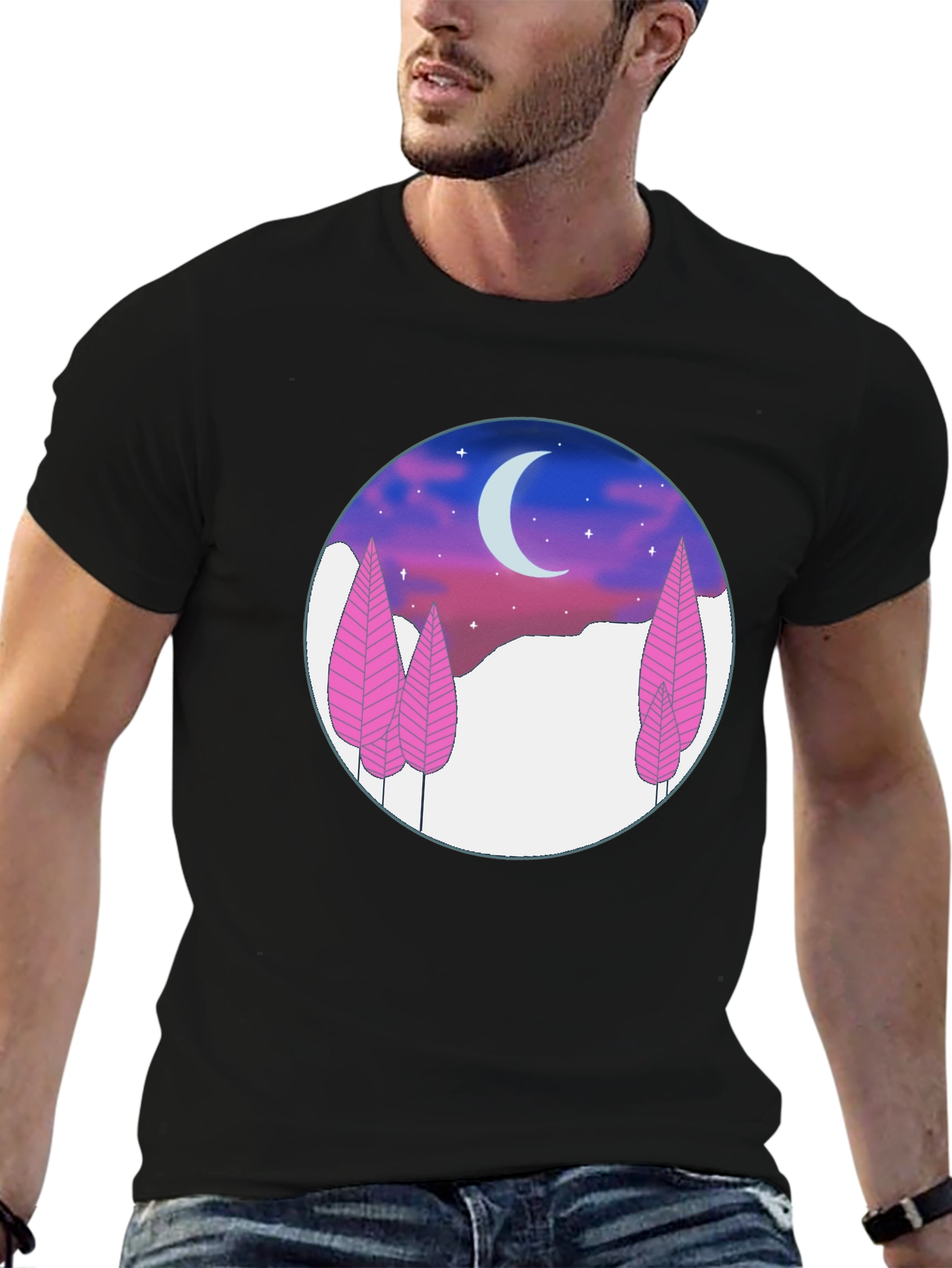 Night Sky T-Shirt - Pink Trees & Crescent Moon