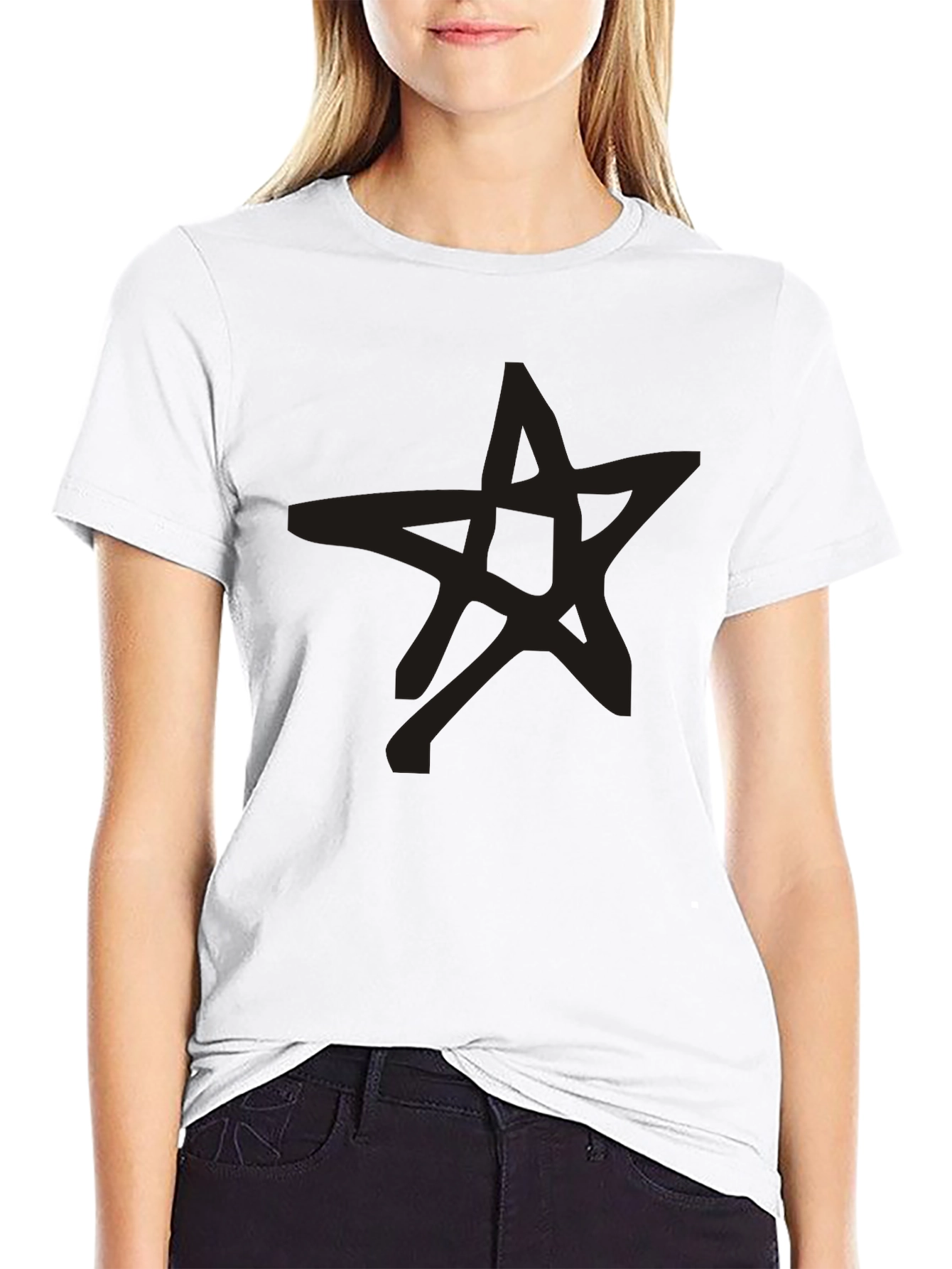 Mens Black Star Graphic Tee Casual Crew Neck Shirt
