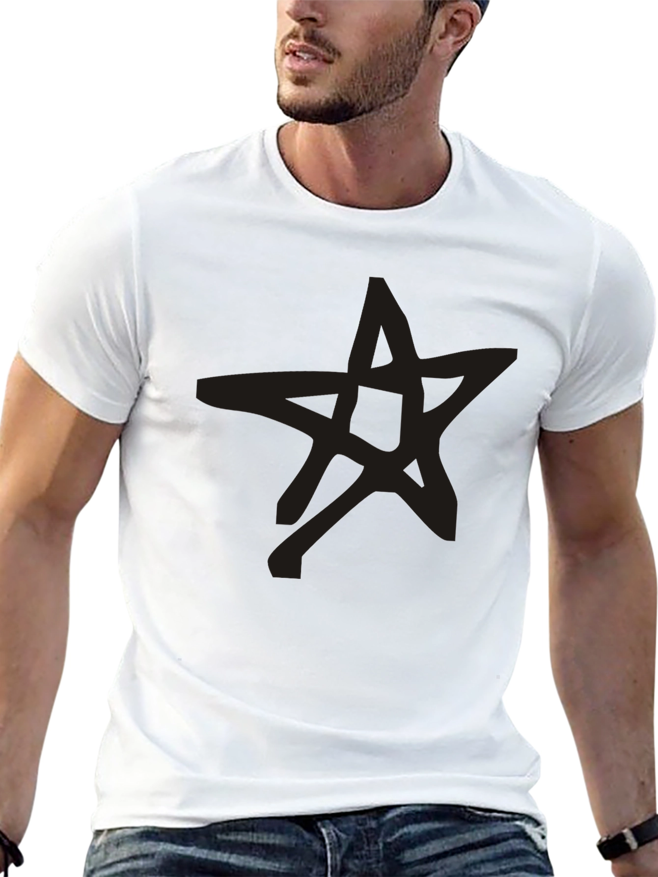 Mens Black Star Graphic Tee Casual Crew Neck Shirt