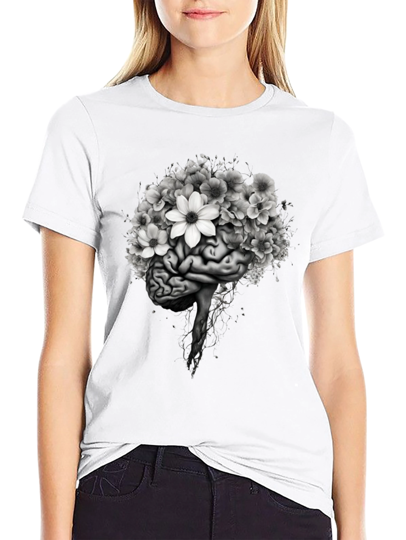 Brain and Flowers Graphic T-Shirt - Black