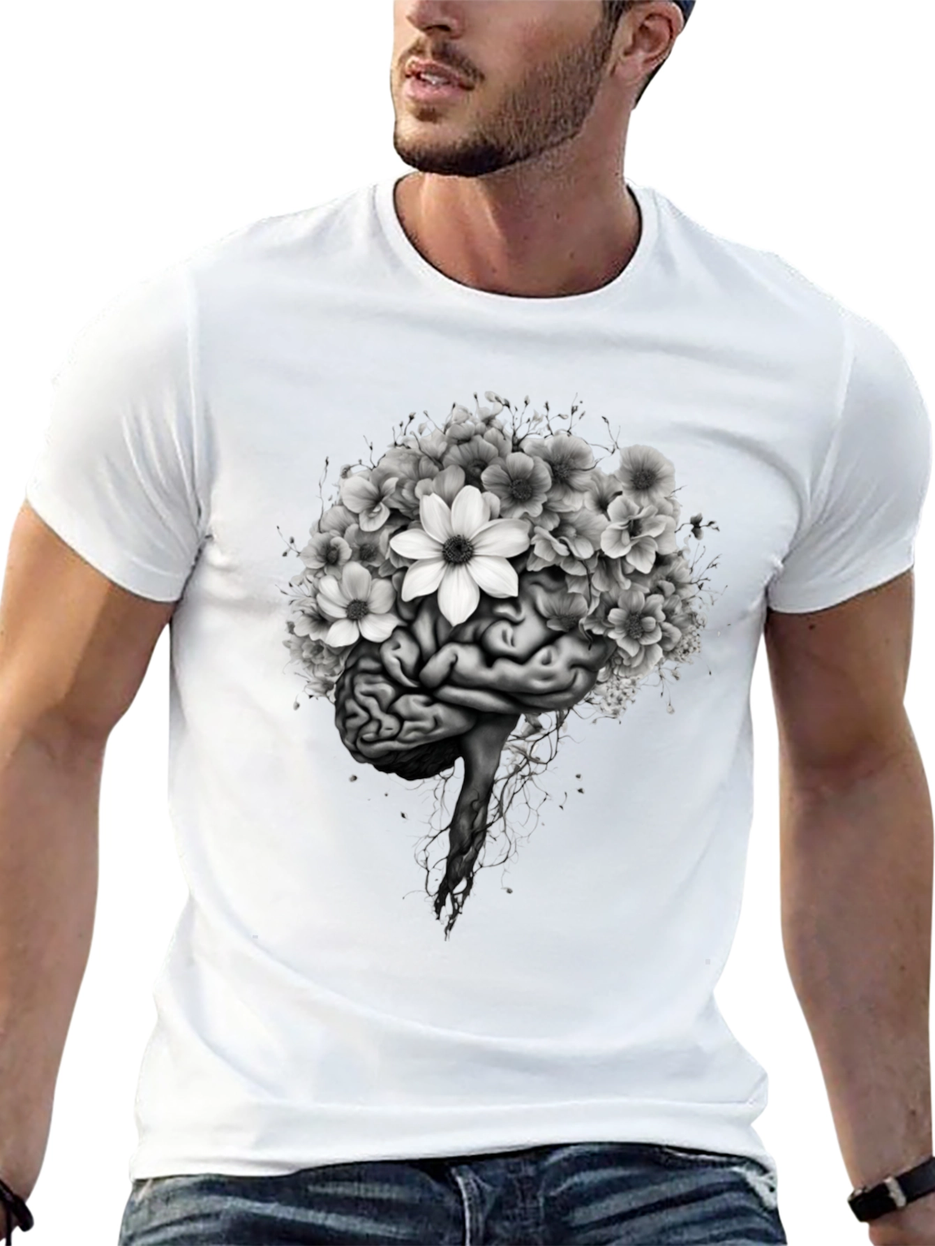 Brain and Flowers Graphic T-Shirt - Black