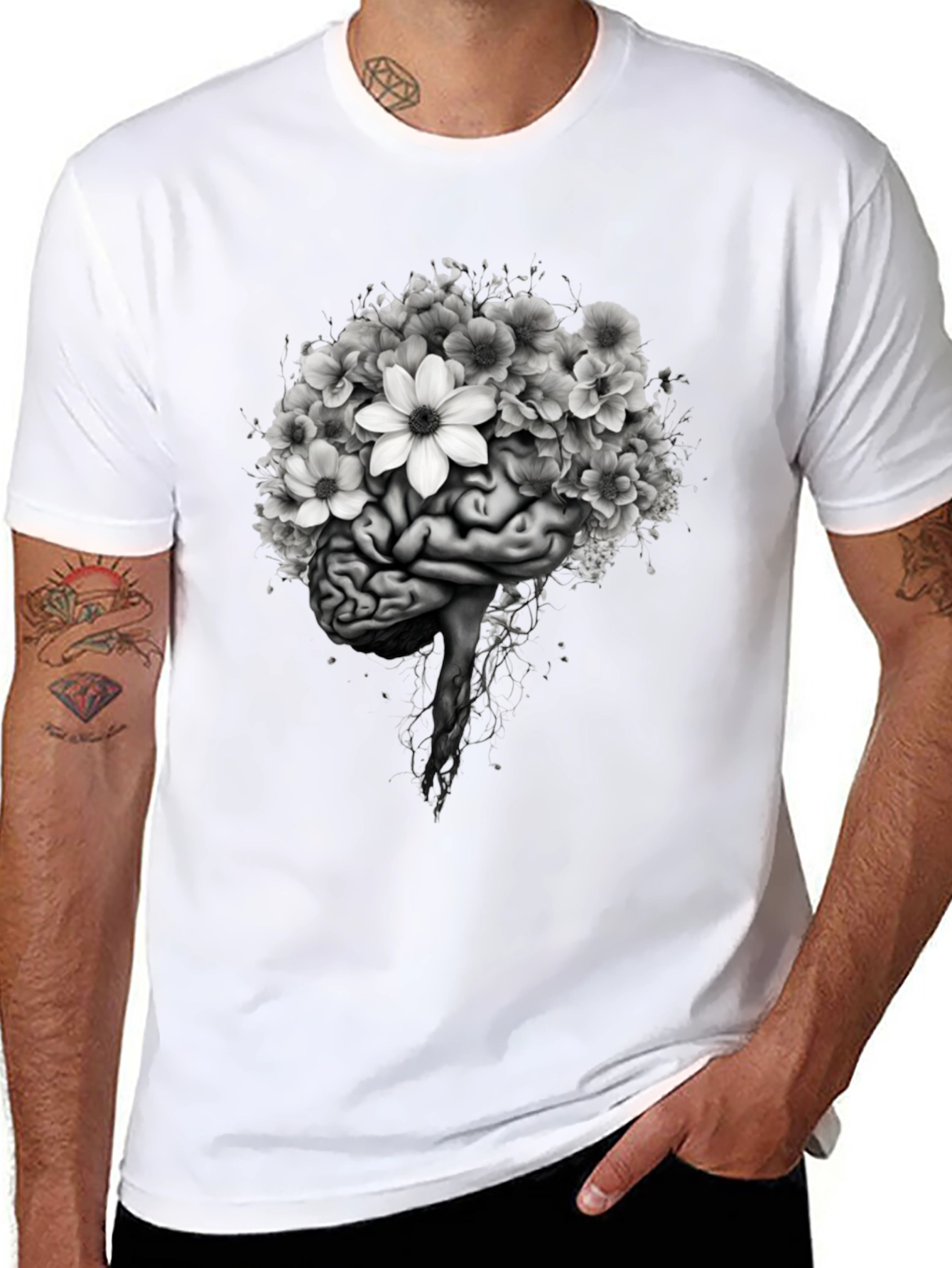 Brain and Flowers Graphic T-Shirt - Black
