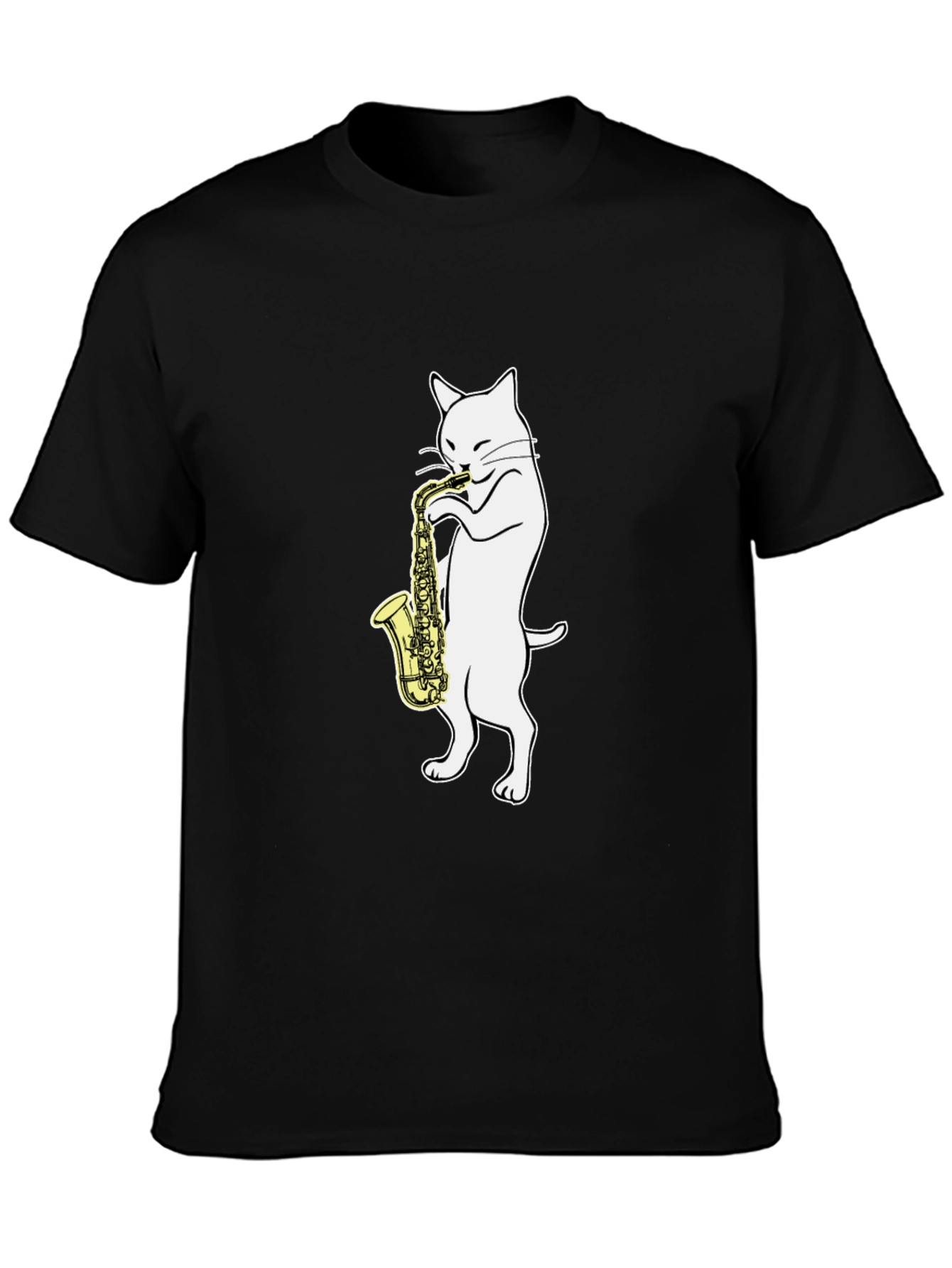 Cat Saxophone Player Graphic Tee - Black Cotton
