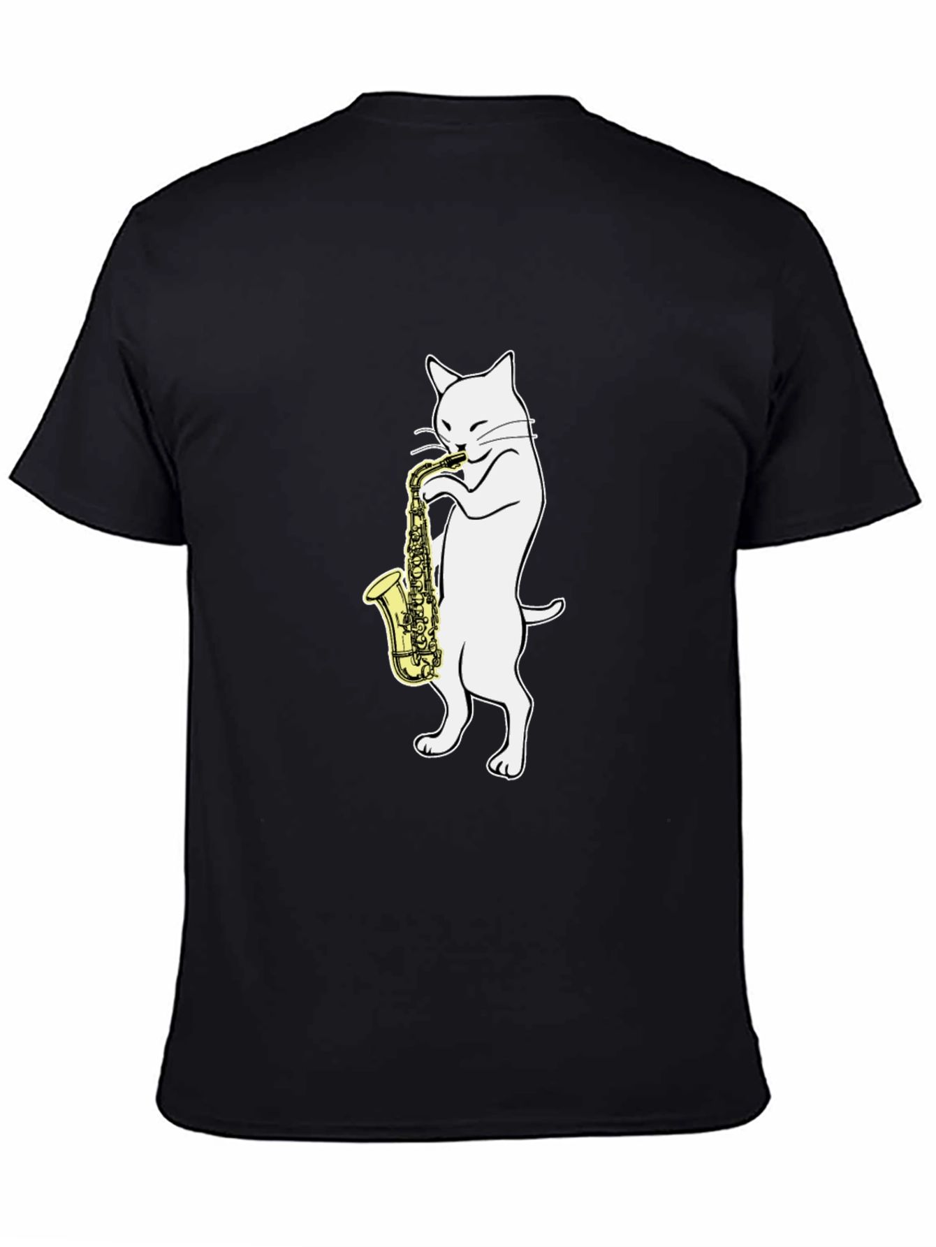 Cat Saxophone Player Graphic Tee - Black Cotton