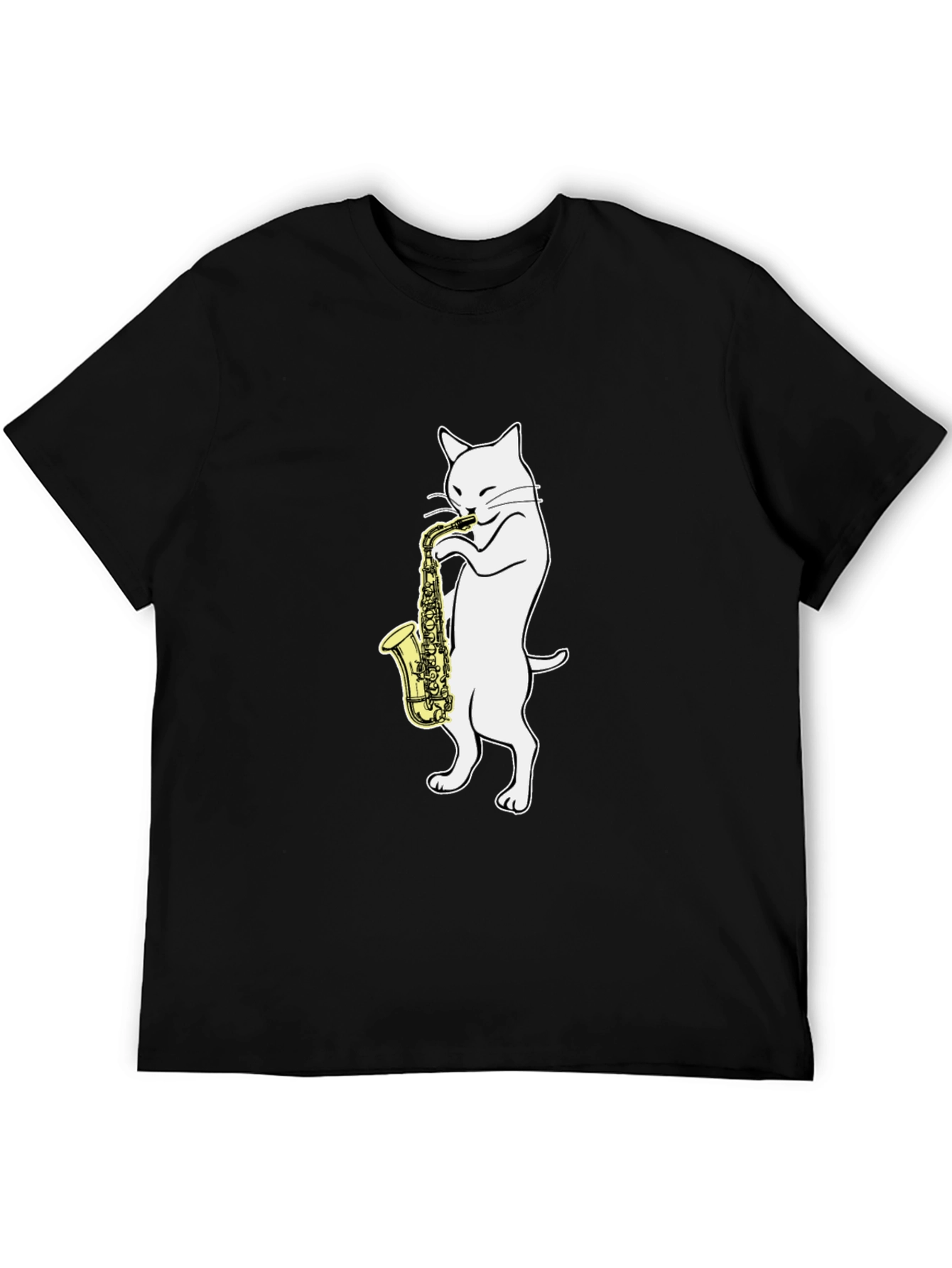 Cat Saxophone Player Graphic Tee - Black Cotton