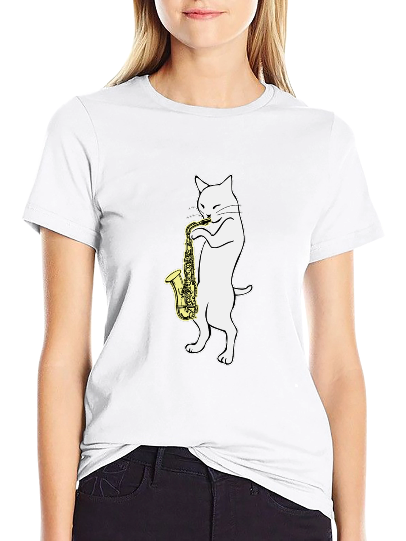 Cat Saxophone Player Graphic Tee - Black Cotton