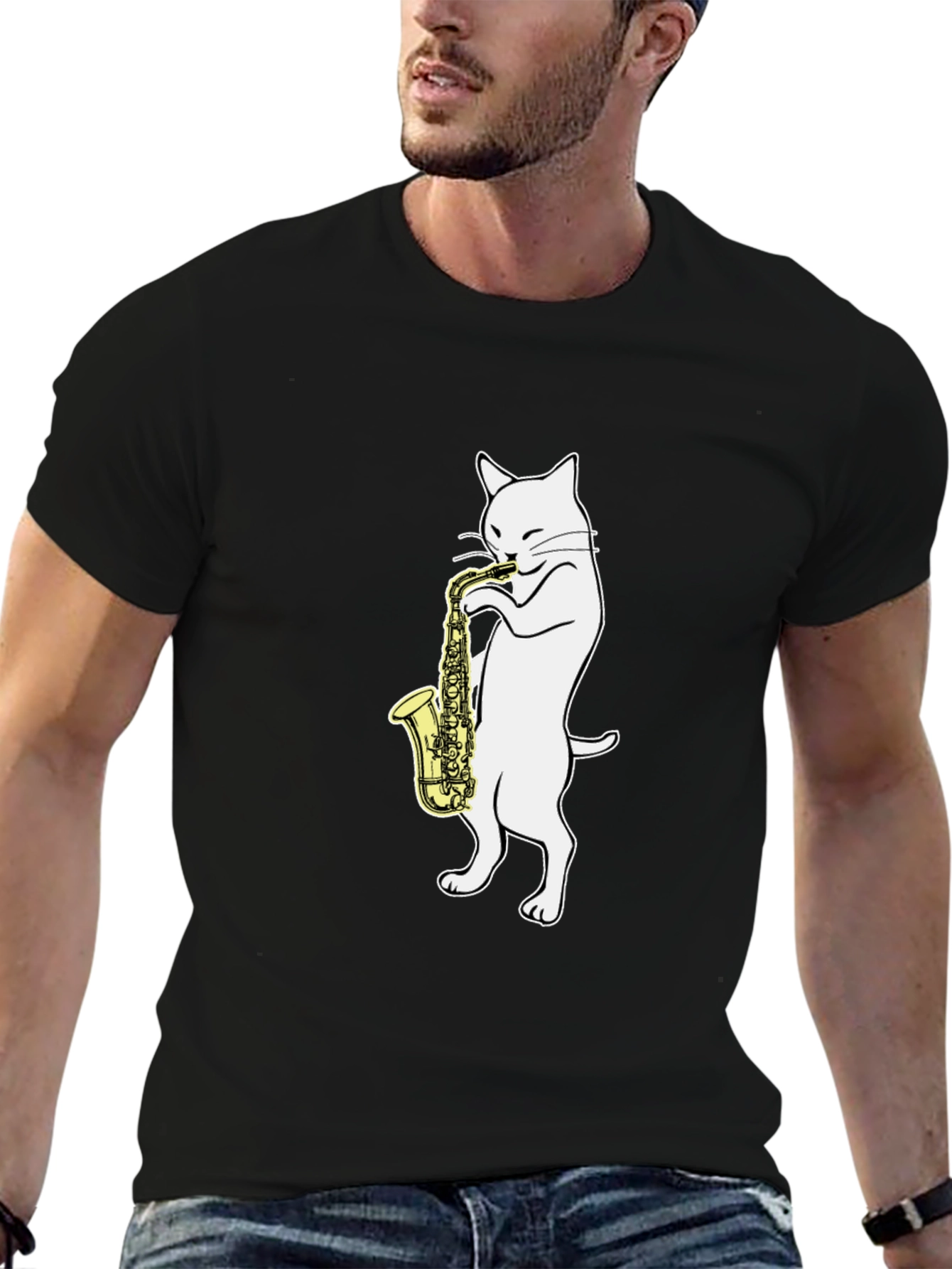 Cat Saxophone Player Graphic Tee - Black Cotton